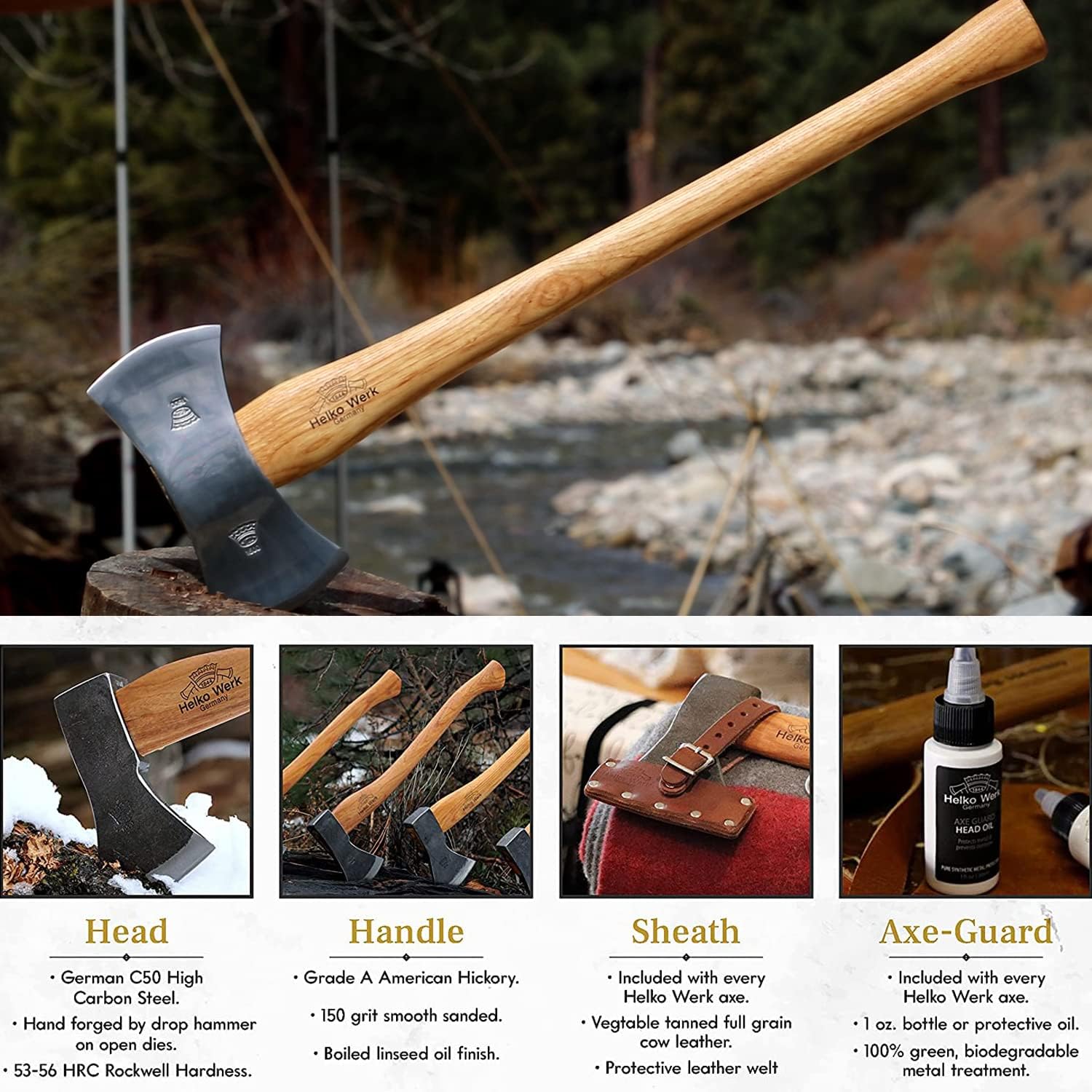 1844 Helko Werk Germany Classic Expedition Felling Axe (10497) | Made in Germany Large Felling Axe for Heavy Duty Felling Trees Cutting Wood and Timber Head 4.5lb, Handle 35 inches