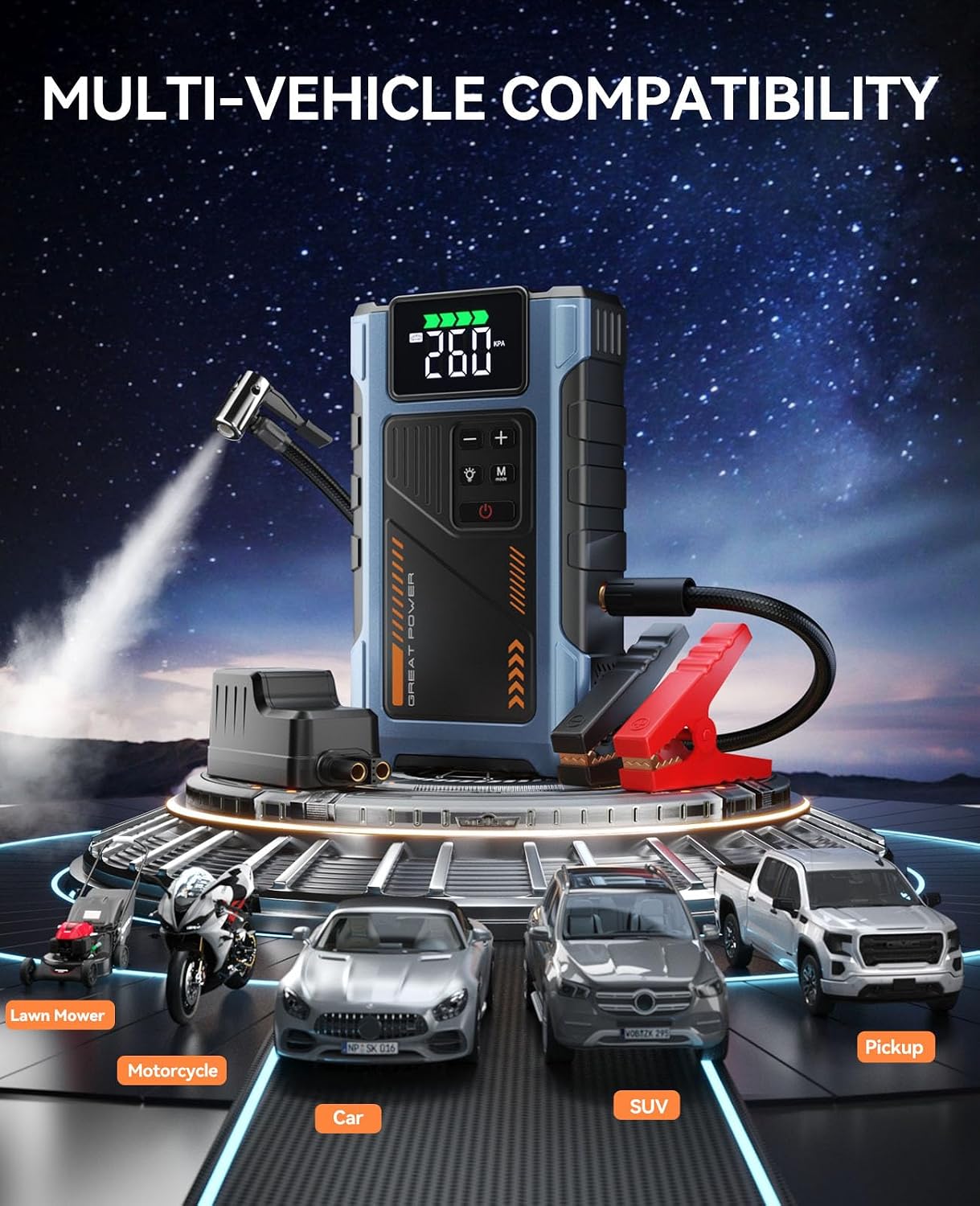 Car Battery Charger Jump Starter with Air Compressor, 4500A Jump Box for Car Battery Portable Jumper Cables with Battery Pack, 12V Jumpstart Combo 150PSI Tire Inflator Air Pump (8.5L Gas/7.0L Diesel)