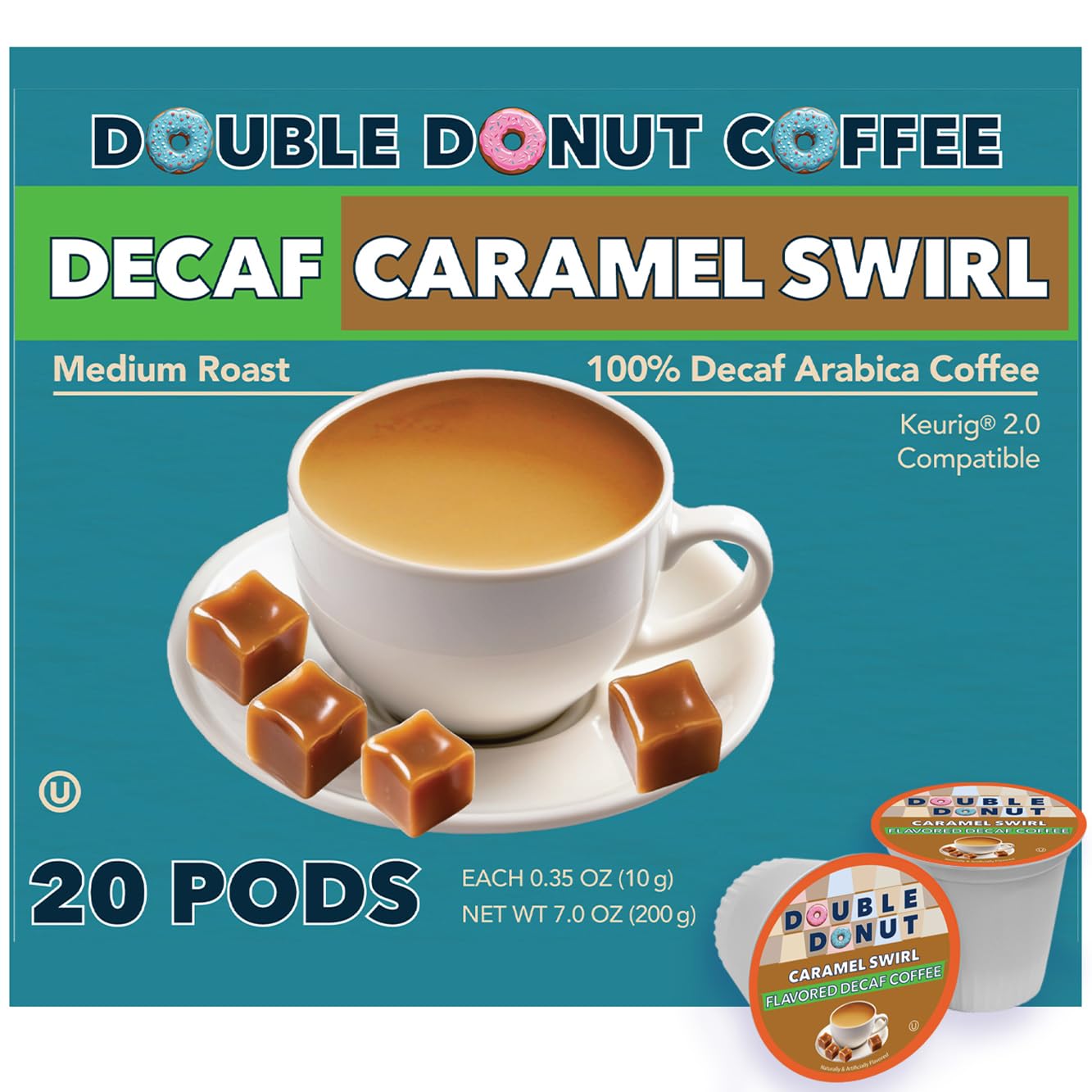 Double Donut Coffee Double Donut Medium Roast Decaf Coffee Pods, Classic, for Keurig K-Cup Machines, 24 Single-Serve Capsules per Box