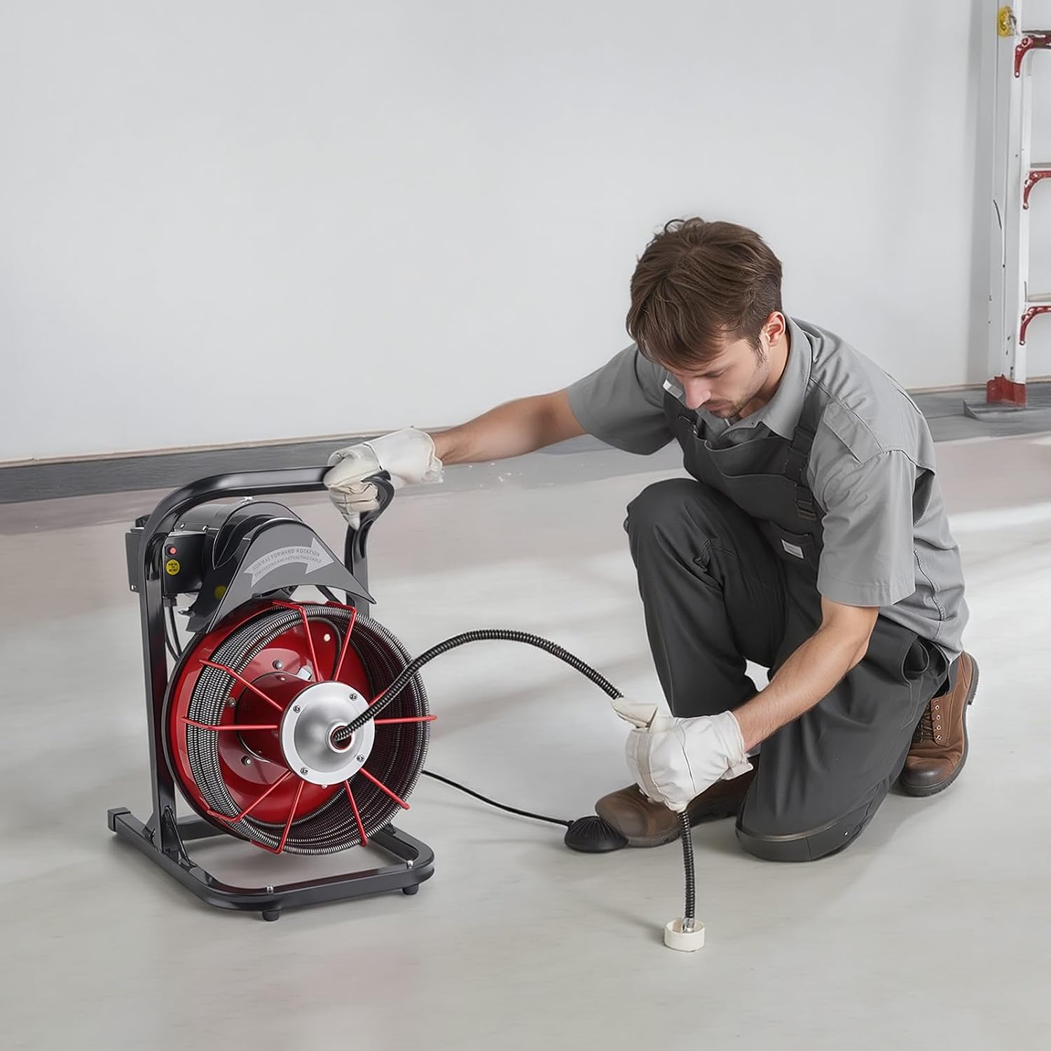 VEVOR Drain Cleaner Machine 75 FT x 3/8 Inch, Sewer Snake Auger Manual Feed with 4 Cutters & Air-activated Foot Switch for 2" to 4" Pipes