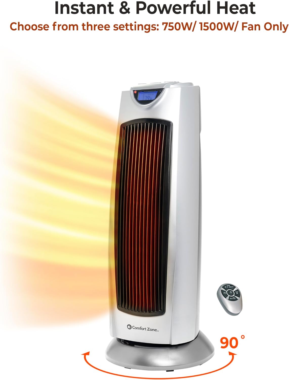 Comfort Zone Electric Oscillating Ceramic Tower Space Heater, Remote, Backlit Digital Thermostat & Temperature Display, Timer, & Overheat Sensor
