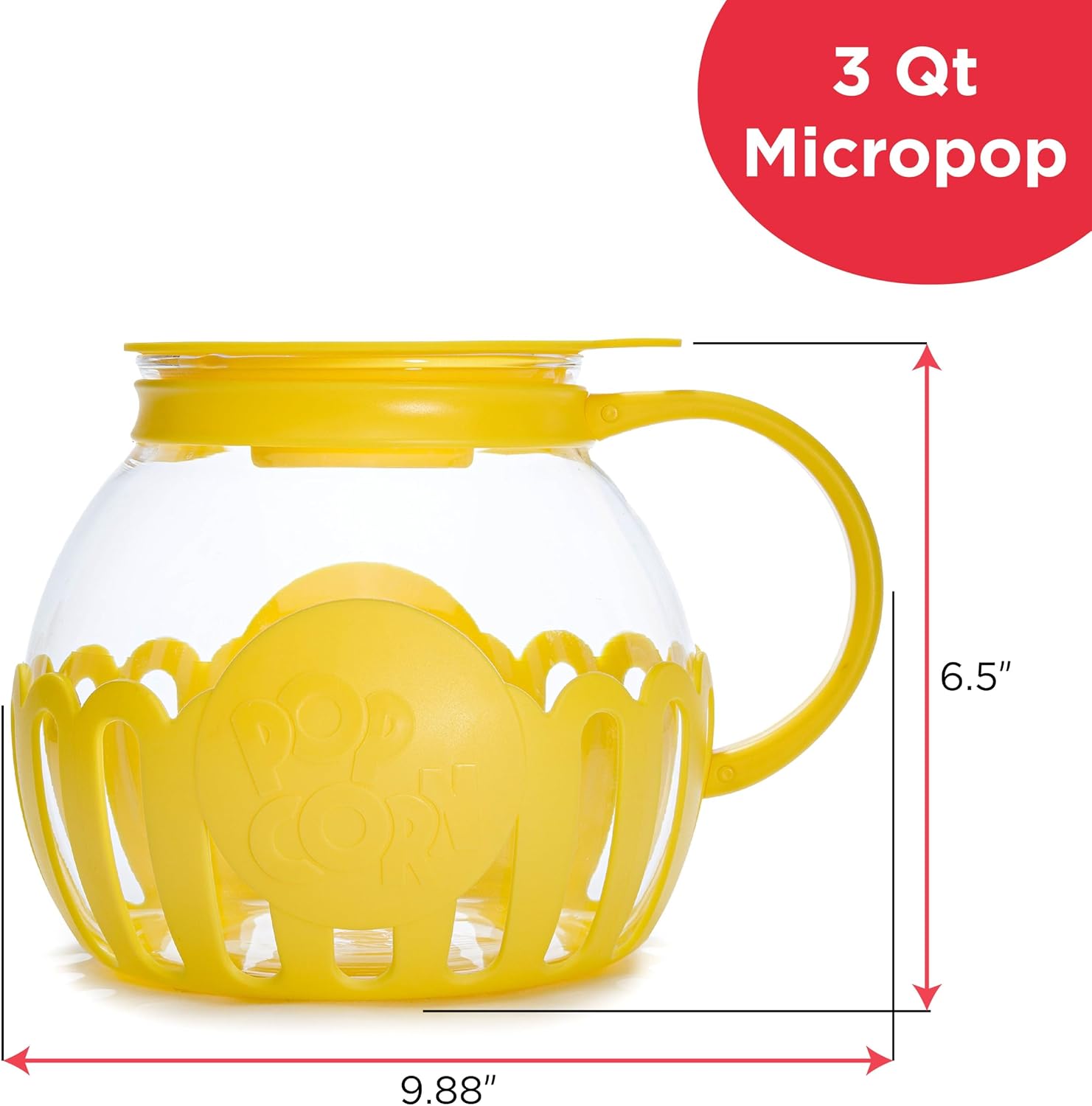 Ecolution Patented Micro-Pop Microwave Popcorn Popper with Temperature Safe Glass, 3-in-1 Lid Measures Kernels and Melts Butter, Made Without BPA, Dishwasher Safe, 3-Quart, Red