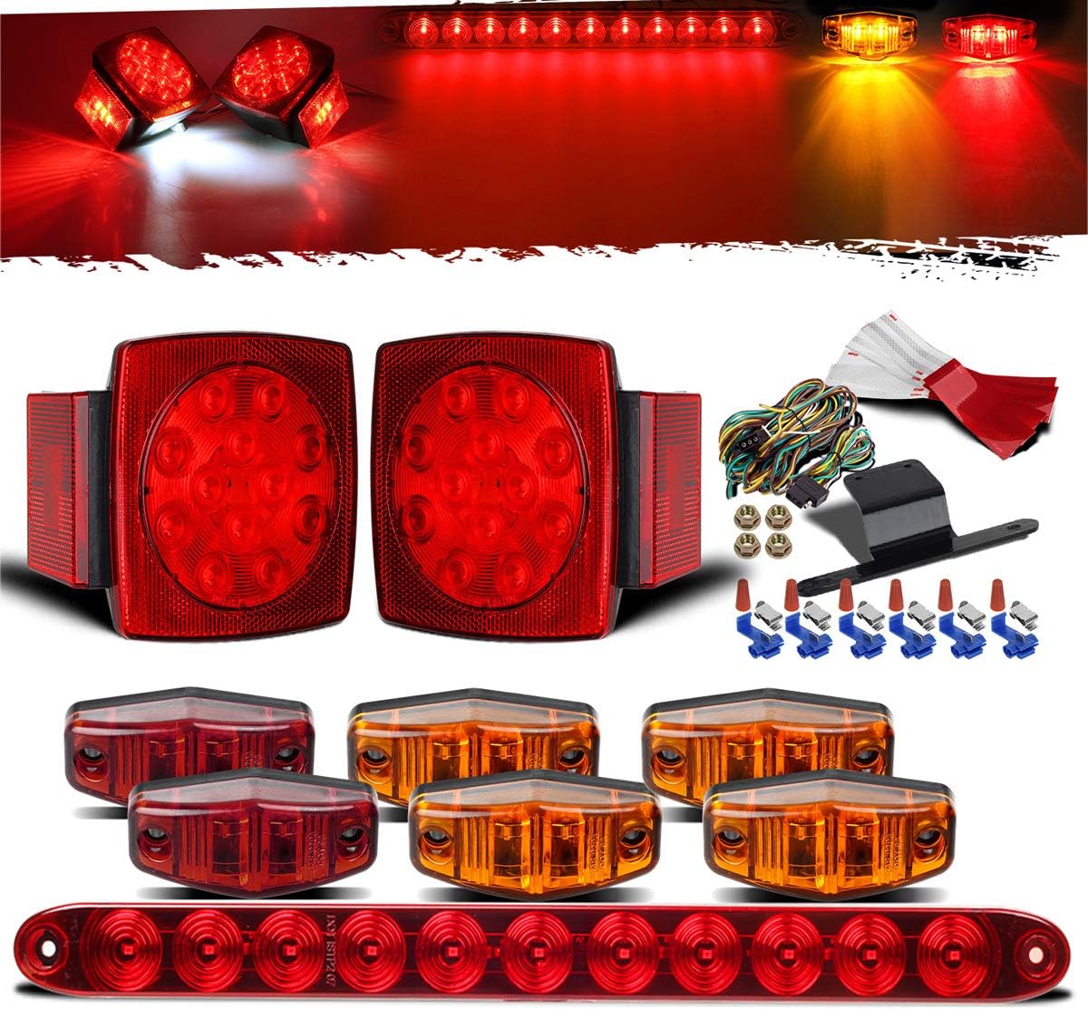 Partsam Submersible Under 80" LED Trailer Light Kit, Square Stop Turn Tail RV Truck Lights w/Wire &Bracket, Red/Amber Side Fender Marker Lamps