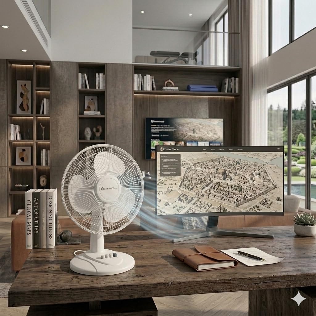 Comfort Zone 12 inch Table Fan with Adjustable Tilt, Wide Area Oscillation, Quiet Air Circulator Fan For Bedroom, 3 Speed Desktop Fan for Home Office, Push Button Controls, White