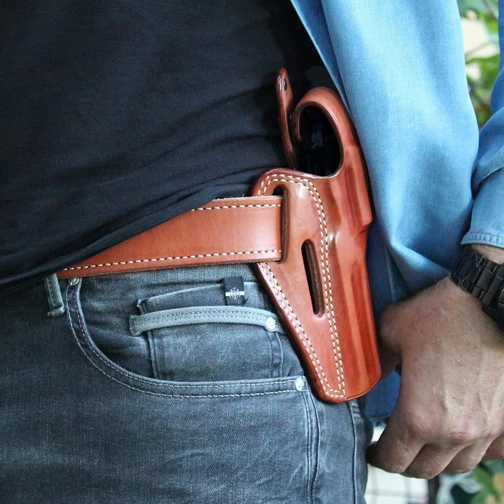 Premium Leather Three Slot OWB Pancake Holster with Thumb Break Fits, GP-100 357 Magnum 4.20" Barrel (Please Choose Your Hand Draw) Brown Color