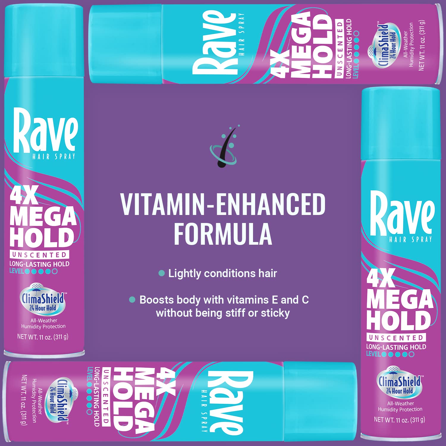 rave 4X Mega Unscented Aerosol Hairspray - Hair Spray for High Humidity Weather - 24-Hour Lasting Hold - Vitamin-Enhanced Hair Volume Spray - 11 oz