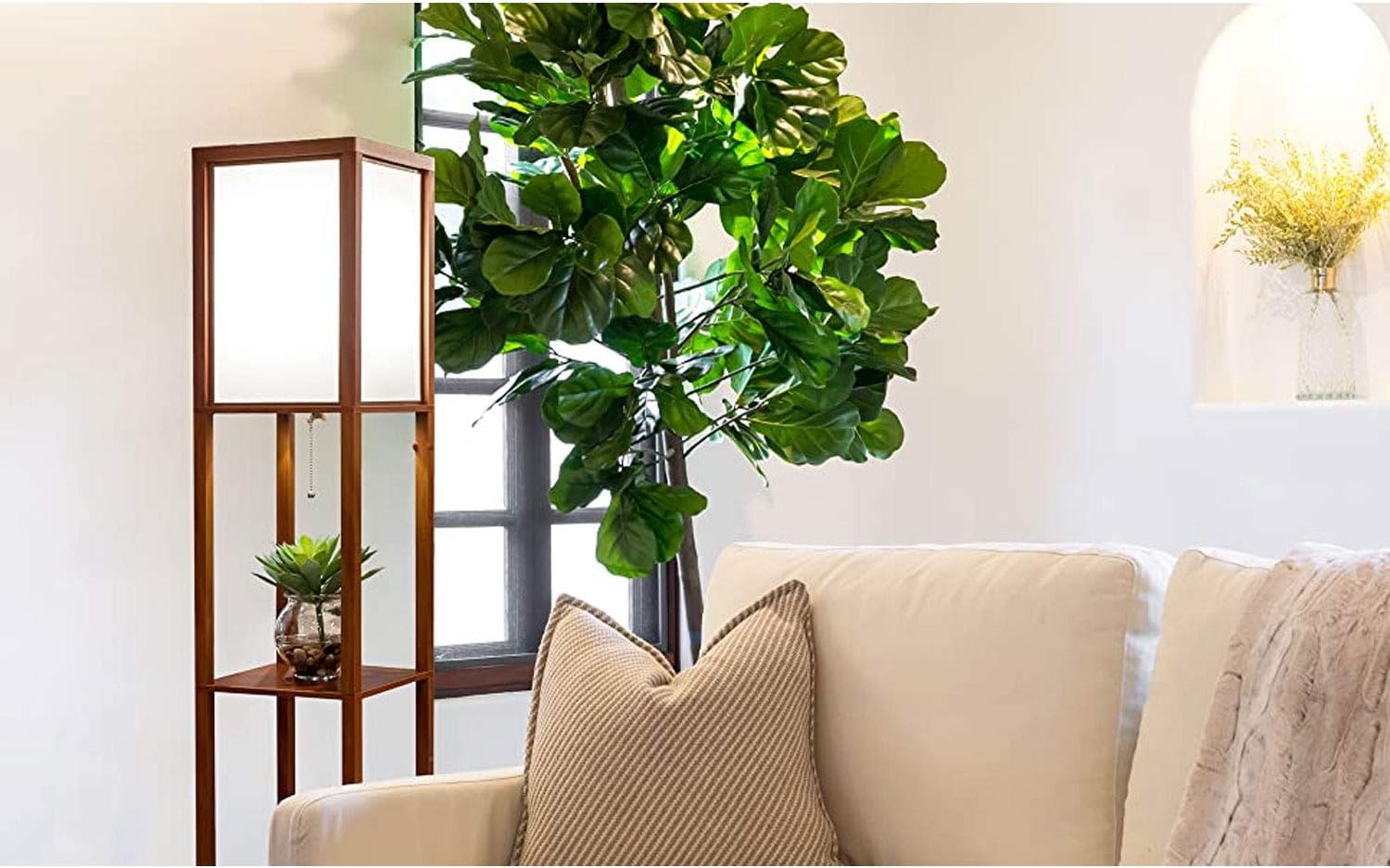 Brightech Maxwell - Modern Shelf Floor Lamp with Lamp Shade & Warm White LED Bulb, Corner Display Floor Lamp with Shelves for Living Room, Bedroom, Nightstand Office, Home Decor Storage - Natural Wood