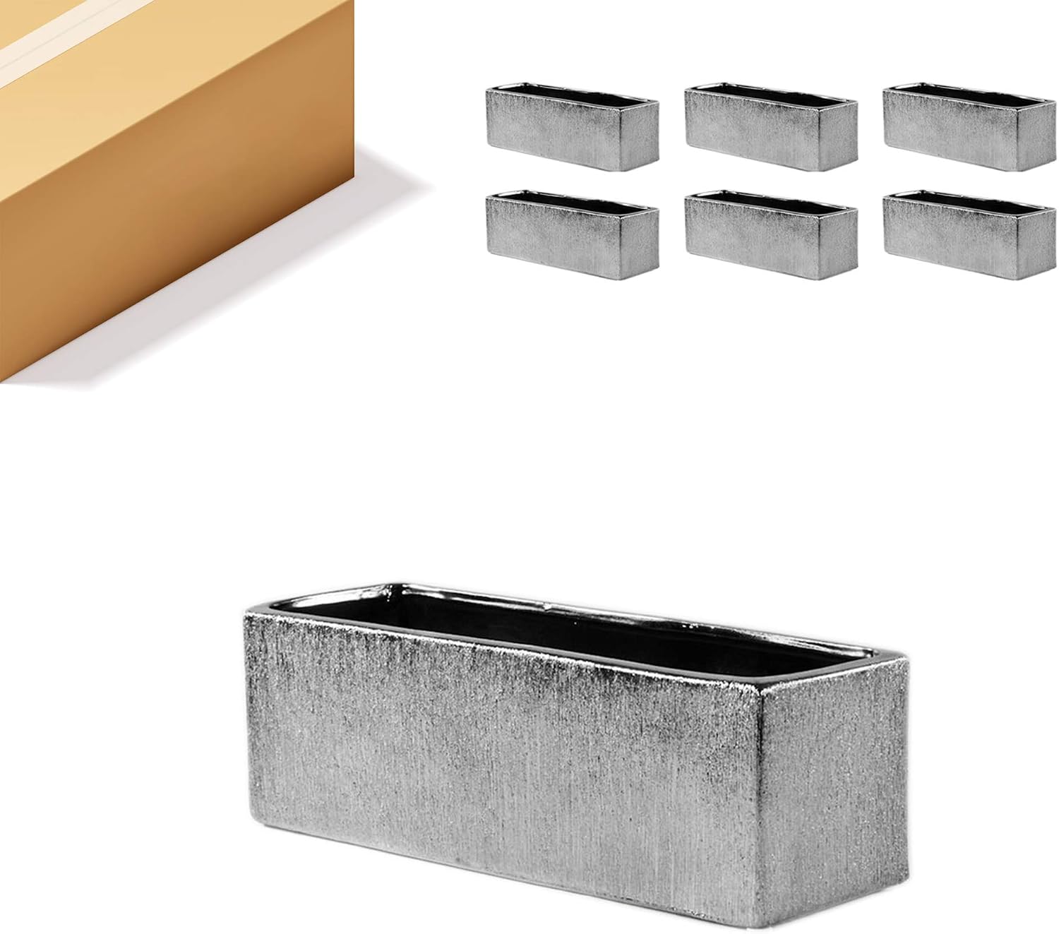 WGVI Long Rectangle Ceramic Planter Vase in White 14" x 4" x 4"H, Rectangular Box Block Terrarium Pot, Flower Arrangement, Tabletop Centerpiece
