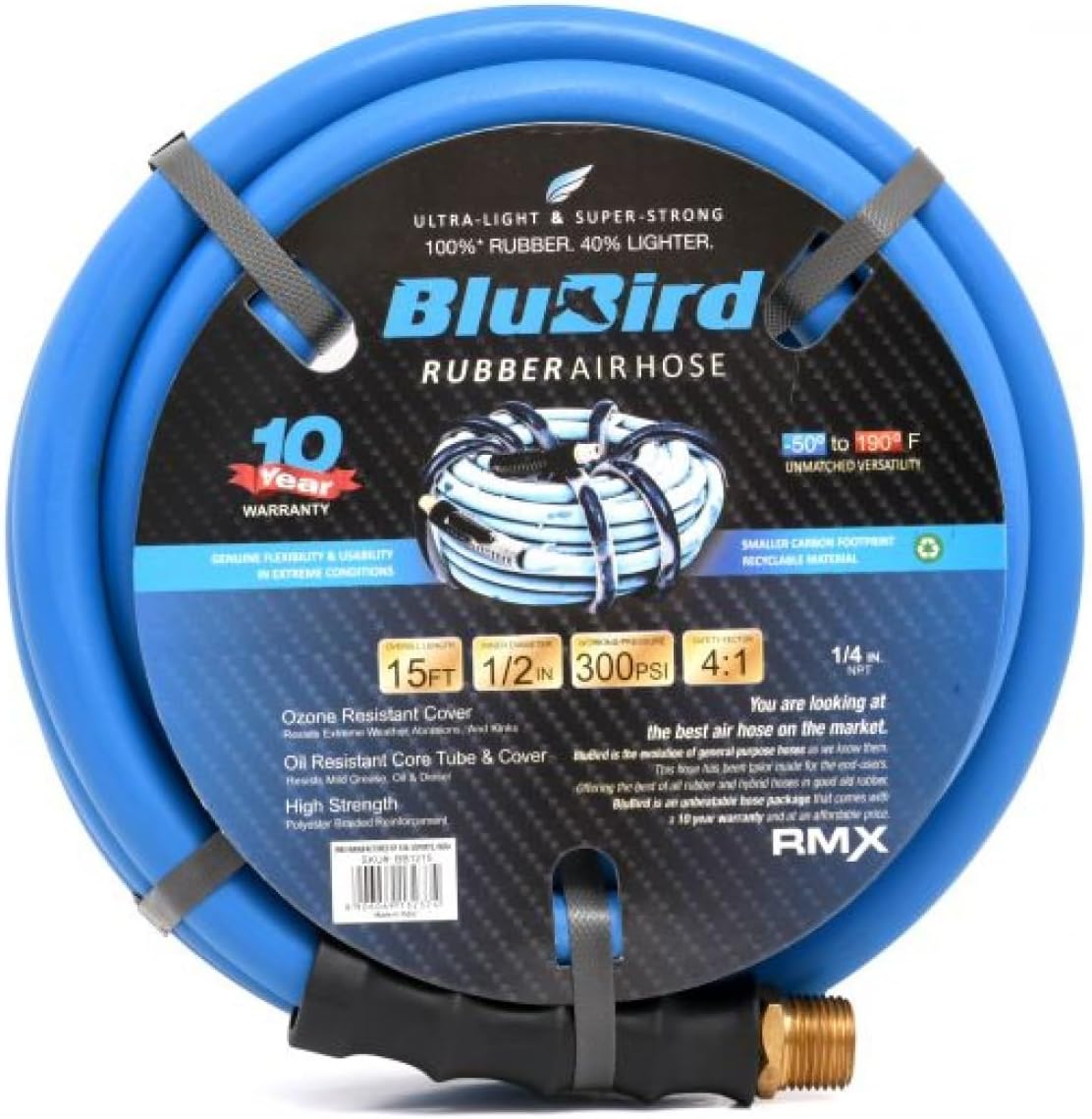 BLUBIRD BB1250 1/2" x 50' Rubber Air Hose, 100% Rubber, Lightest, Strongest, Most Flexible, 300 PSI, 50F to 190F Degrees, Ozone Resistant, High Strength Polyester Braided