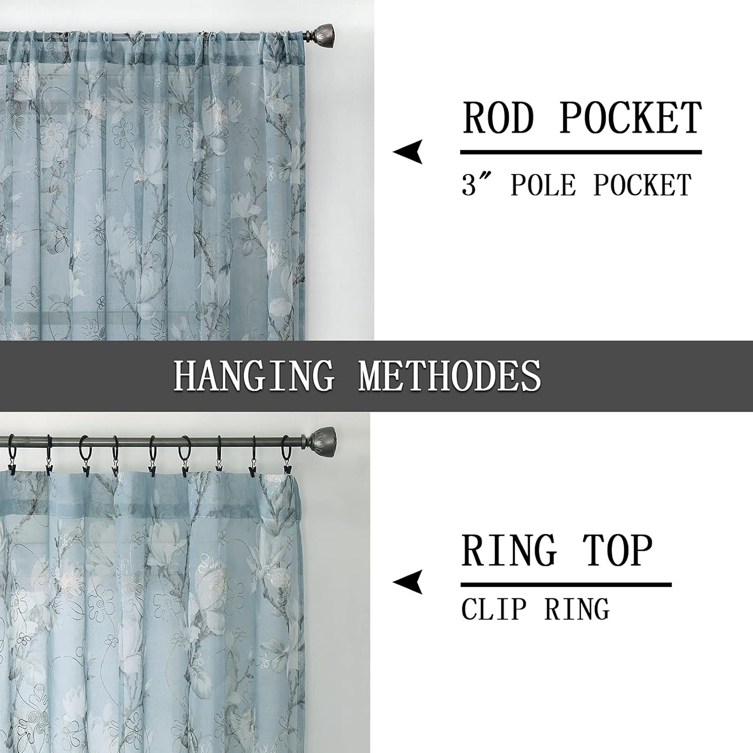 Tollpiz Floral Grey Sheer Curtain Flower Print Vine Embroidery Bedroom Curtains Rod Pocket Voile Window Curtain for Living Room, 54 x 84 inches Long