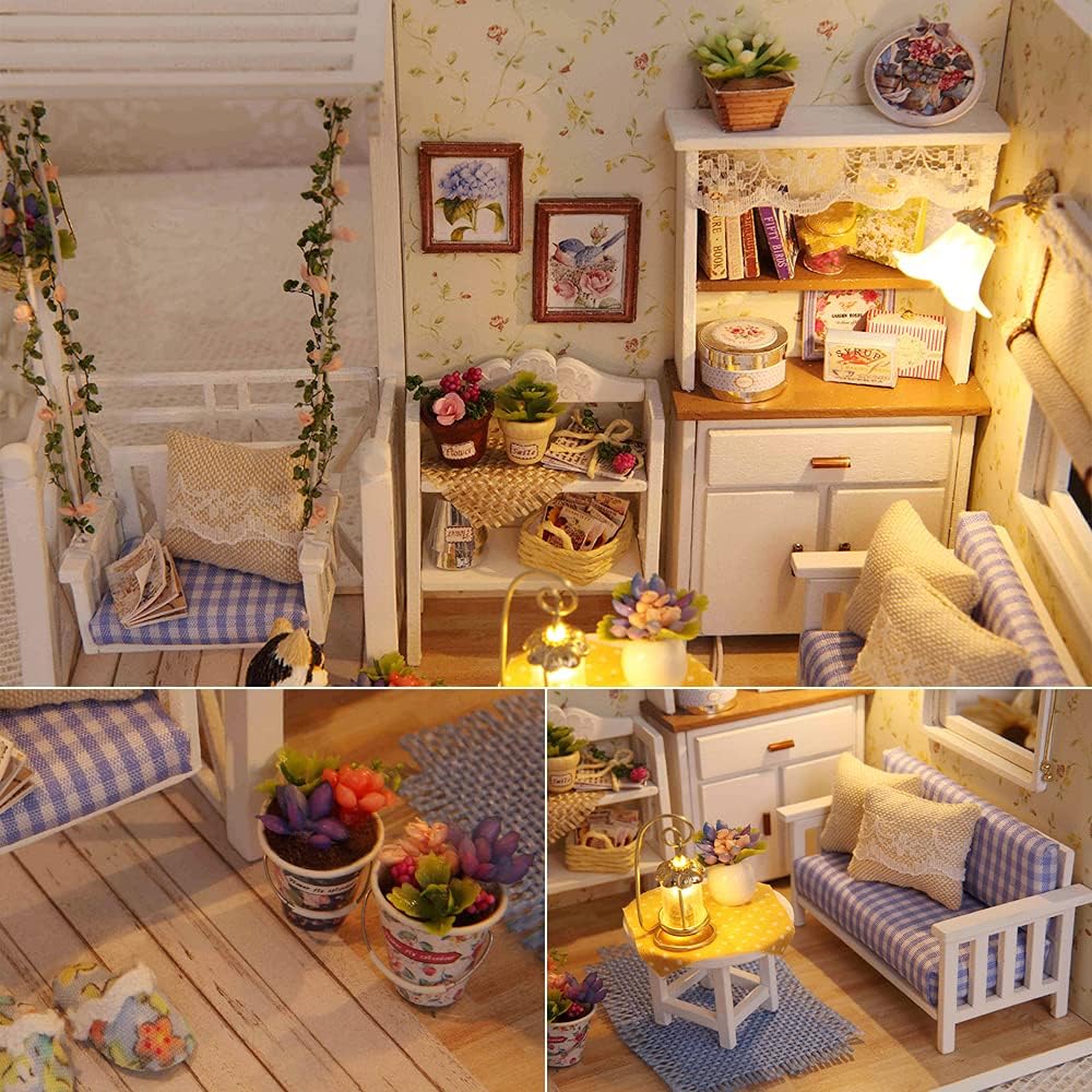 DIY Miniature Dollhouse Kit with Furniture Plus Dust Proof | 1:24 Scale Creative Room Mini Wooden Doll House Accessories for Kids Teens Adults Aged 14+(Beach Cottage)