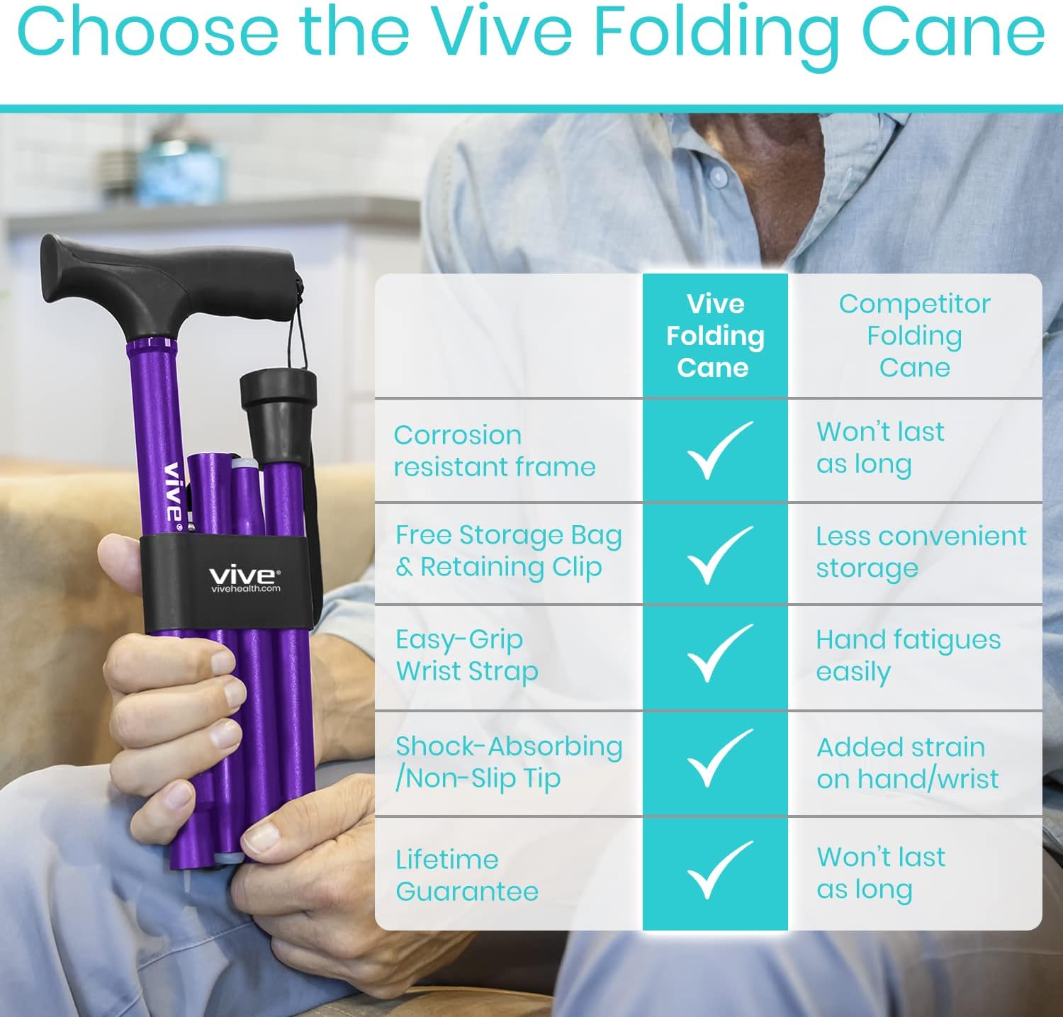 Vive Folding Cane - Foldable Walking Cane for Men, Women - Fold-up, Collapsible, Lightweight, Adjustable, Portable Hand Walking Stick - Balancing Mobility Aid - Sleek, Comfortable | Lightweight, Adjustable, Portable Hand Stick Balancing Mobility Aid Slee…