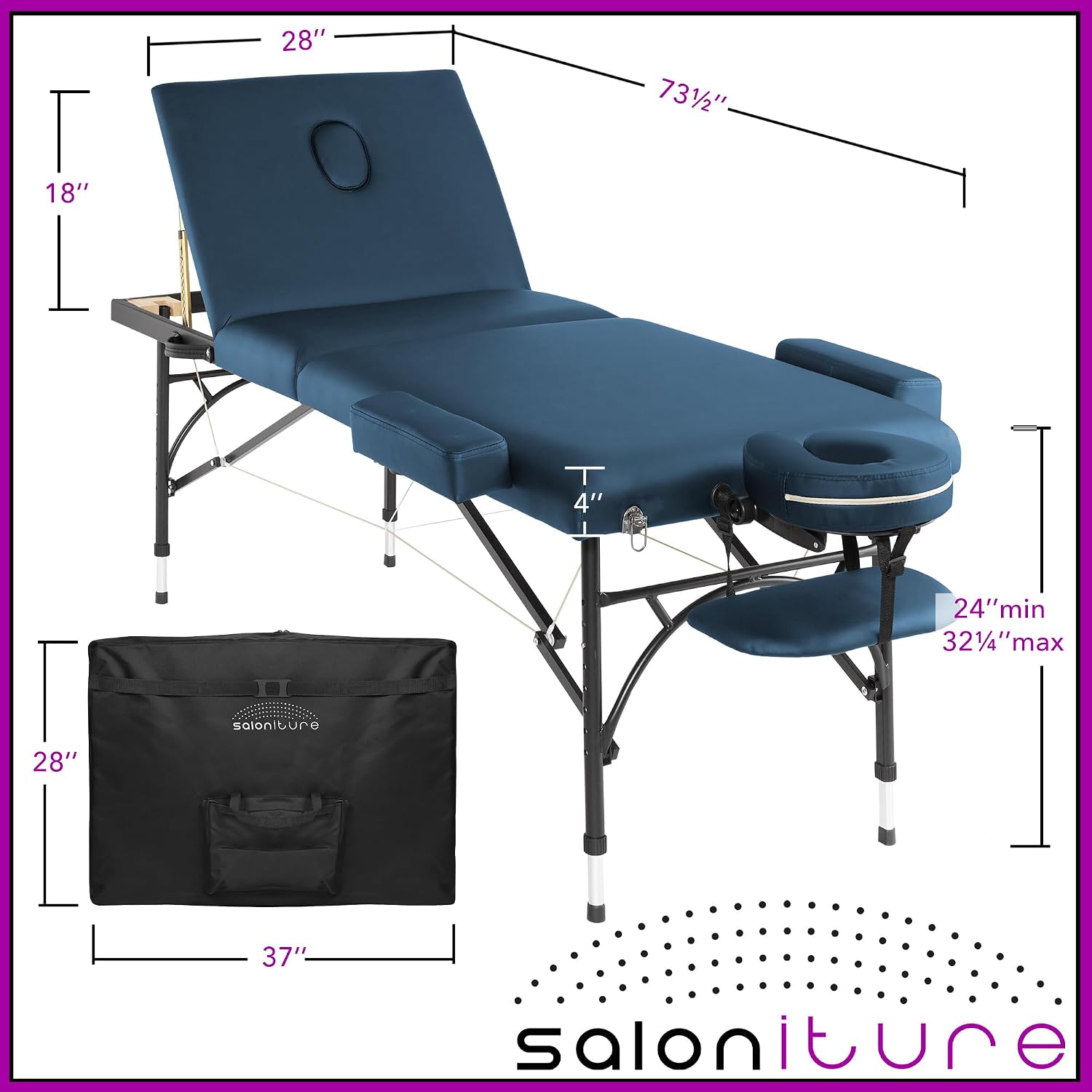 Saloniture Professional Portable Lightweight Tri-Fold Massage Table with Aluminum Legs - Includes Headrest, Face Cradle