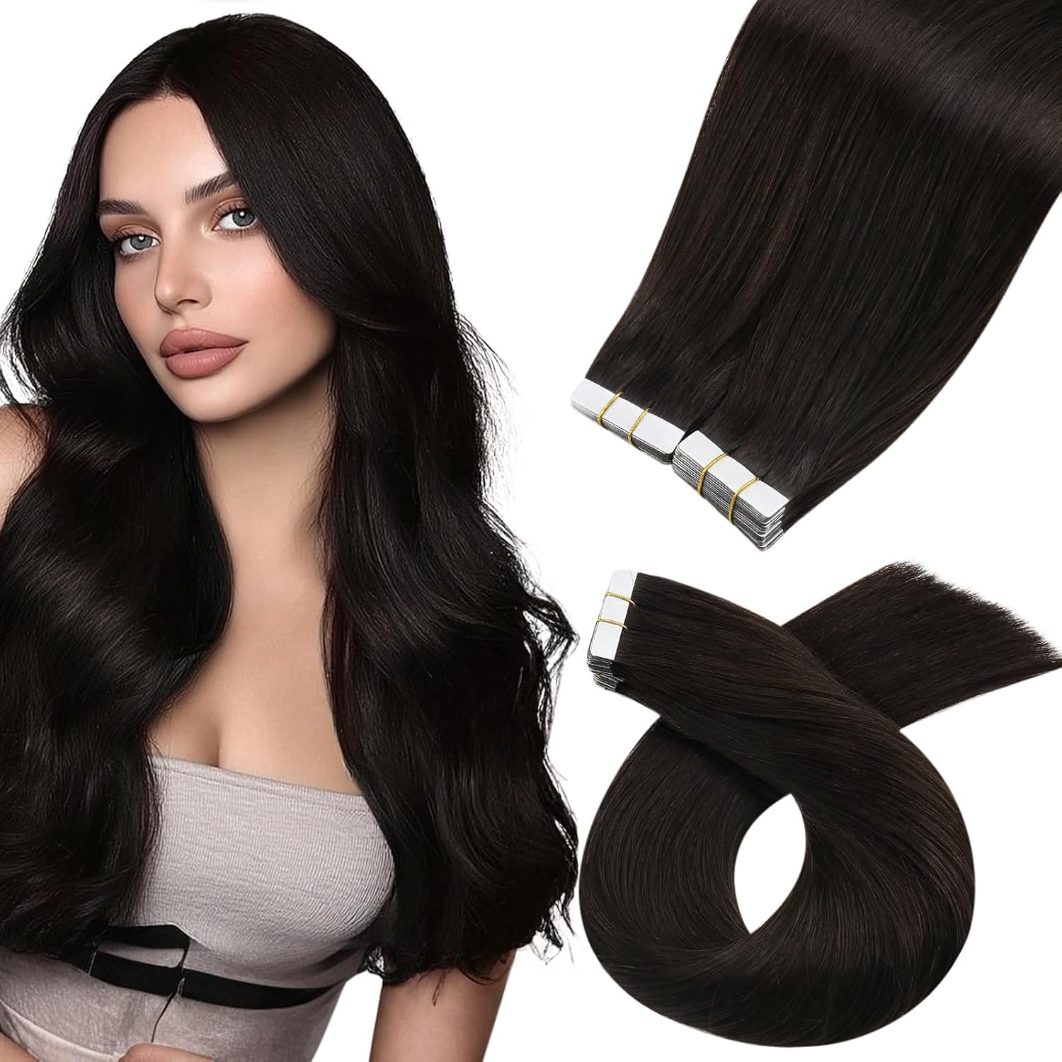 Moresoo Black Tape in Hair Extensions Human Hair, 18 Inch, 20Pcs, 50g