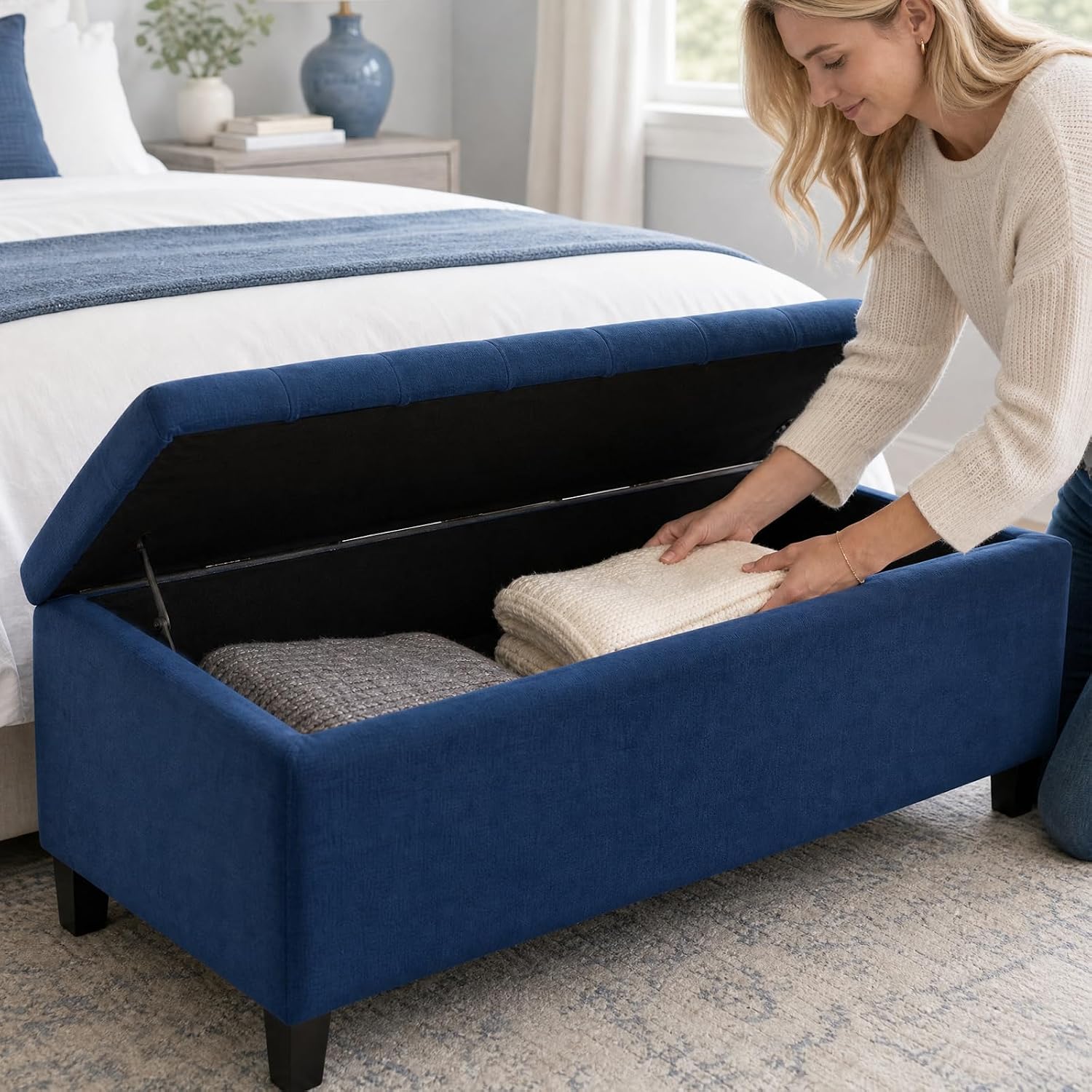 Madison Park 49" Upholstered Storage Bench, Button Tufted End of Bed Bench with Storage, Dual Spring Soft-Close Lid, Bedroom Bench for Queen King Bed, Entryway Living Room, Grey