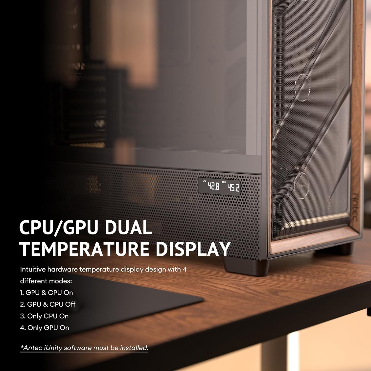 Antec Flux Pro Full-Tower E-ATX PC Case, 6 PWM Fans Included, Black | 6 PWM Fans, Walnut Wood Front Panel, High-Airflow, 90° Rotated PSU Mount, 420mm Radiator Support, CPU & GPU Temp Display