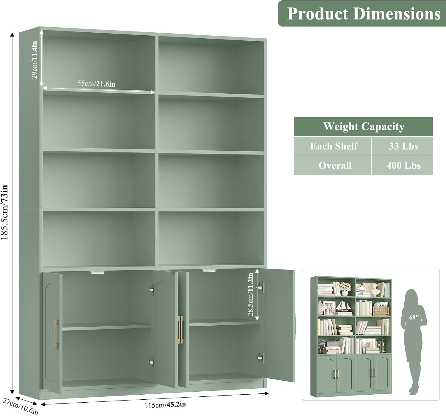 Bookshelf and Bookcase with Doors, Double Wide Large Bookshelves | Industrial Open Display Shelves 6 Tier, 73'' Tall Bookshelf with Storage Cabinets for Office,Home, Living Room, Library,White