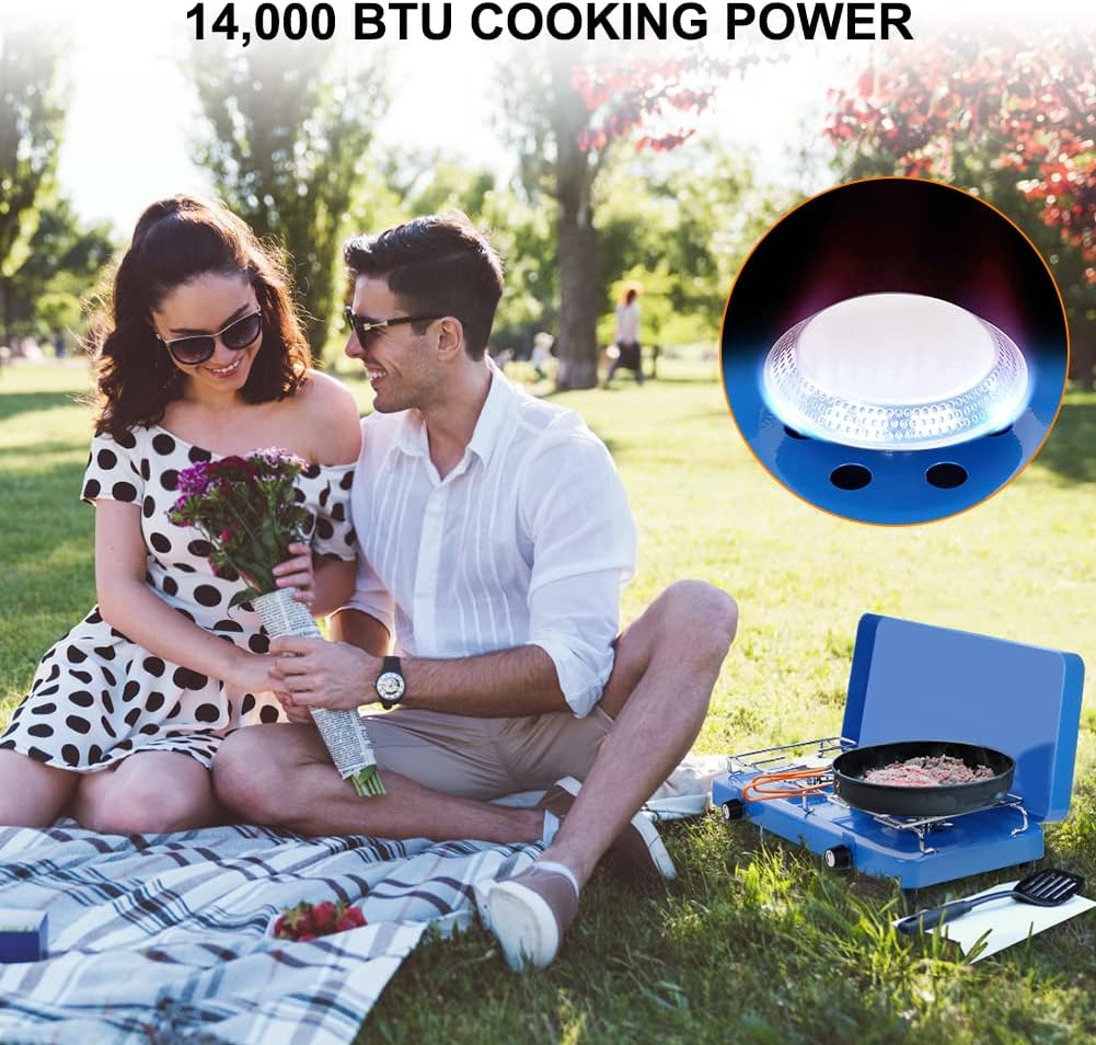CAMPLUX 2 Burners & 1 Grill Propane Camping Stove, 15, 000 BTU Portable Outdoor Propane Camping Grill Burner with Free Standing Legs