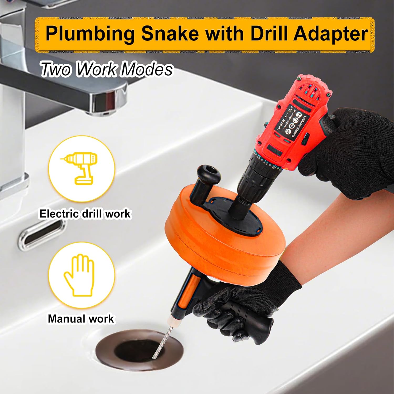 50FT Drain Auger with Drill Adapter, Manual or Powered Drain Snake | Plumbing Clog Remover, Flexible Cable, Manual Crank or Drill Operation