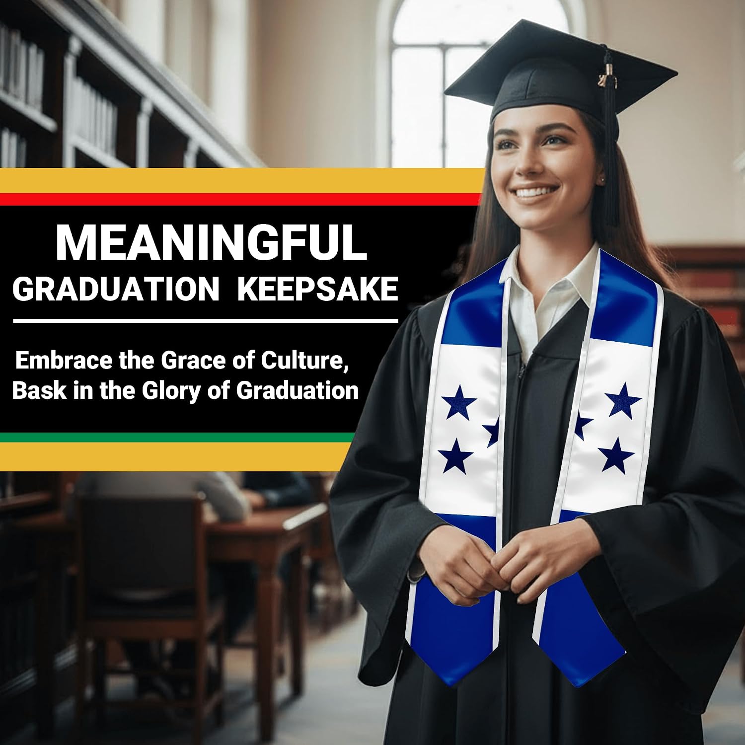 YOXEULL National Flag Embroidered Graduation Stole with Trim, Graduation Sash Graduates Gift, 72"