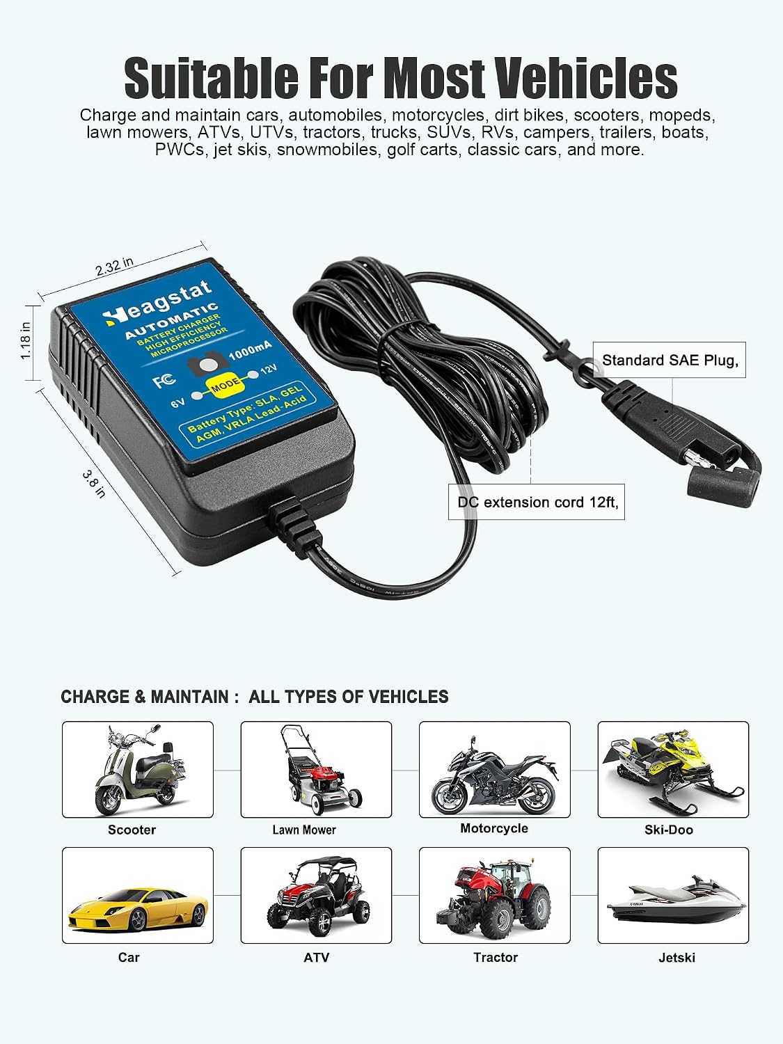 Heagstat HEAG020 Trickle Battery Charger, 12V 2000mA Battery Maintainer