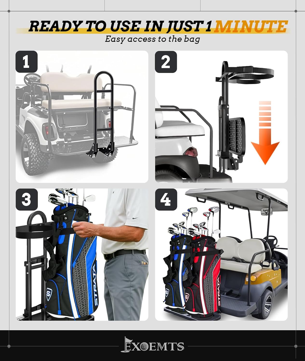 Foldable Golf Cart Rear Seat Bag Holder, Upgraded Golf Cart Rear Seat Bag Rack ONLY FITS 8-Inch Max Width Grab Bar, for 4-Seater EZGO Club Car Yamaha
