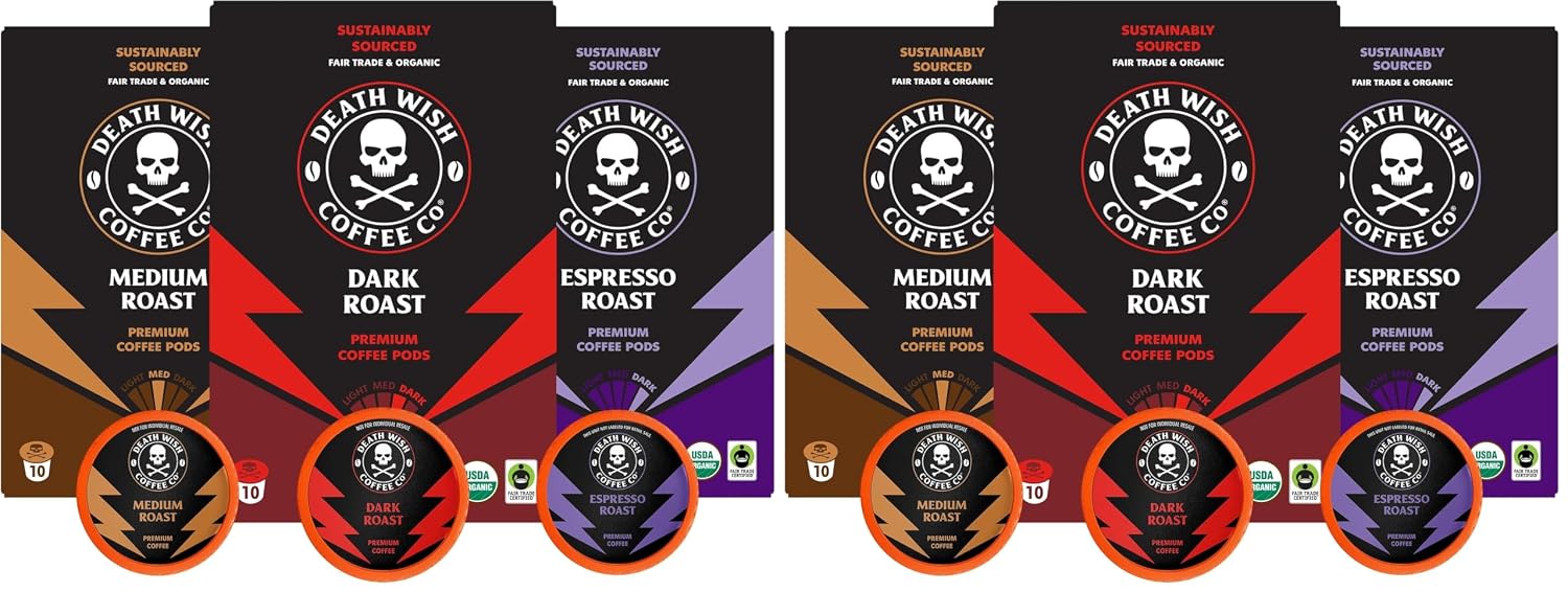 Death Wish Coffee Dark Roast Single Serve Coffee Pods, Organic, 50 Count | Fair Trade Arabica & Robusta, Baker's Chocolate & Cherry Notes, Low Acidity, Heavy Smooth Body, Bold & Intense