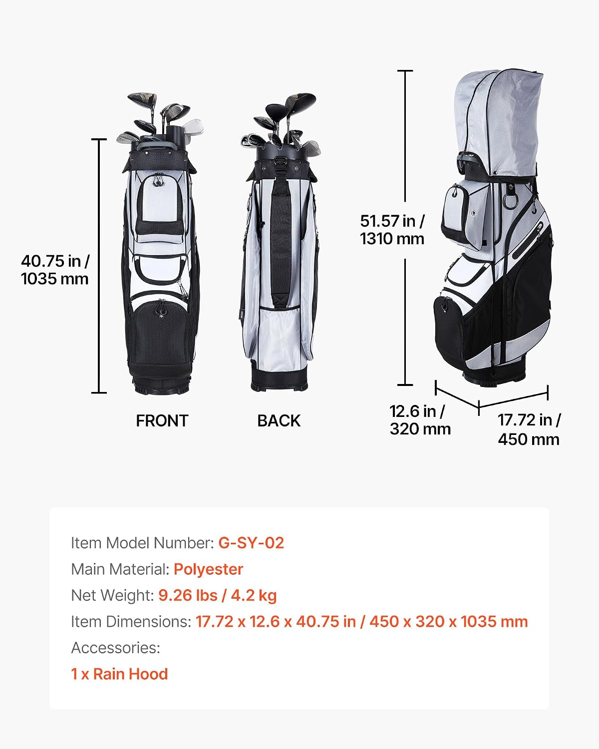 VEVOR Golf Cart Bag, 14 Way Molded Lock Top Divider Organizer, Golf Club Bag with Full-Length Divider, Handles, Storage Pockets, Shoulder Strap, Rain Hood, Smooth Zippers for Men & Women