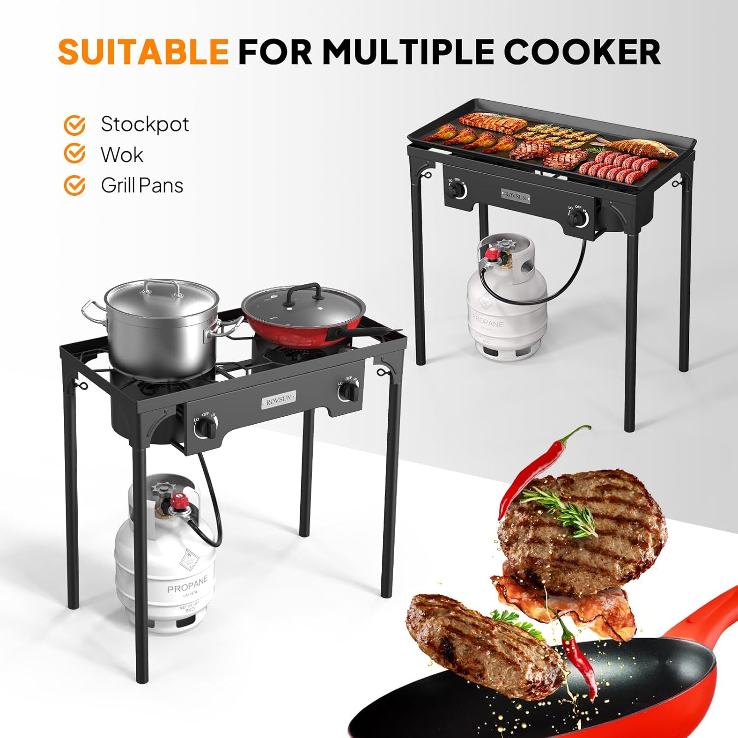 ROVSUN 2 Burner Outdoor Propane Gas Stove with Adjustable Regulator, 150,000 BTU High Pressure Stand Cooker for Backyard Cooking Camping Home Brewing Canning Turkey Frying