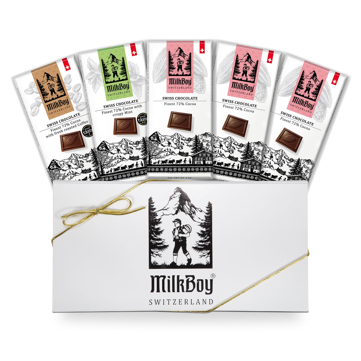 MilkBoy Swiss Chocolates Chocolate Bar Variety Flavors - 3 oz, 5 Pack | Includes milk, dark, white bourbon vanilla, caramel sea salt & almond flavors. Rainforest Alliance certified cocoa. Kosher.