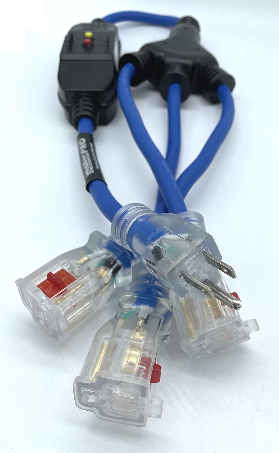 Webber Pro-Series Safety Extension Cable NEMA 5-15P Plug to in-Line GFCI with Illuminated “Triton” Locking Triple Receptacles 2.5'. Webber