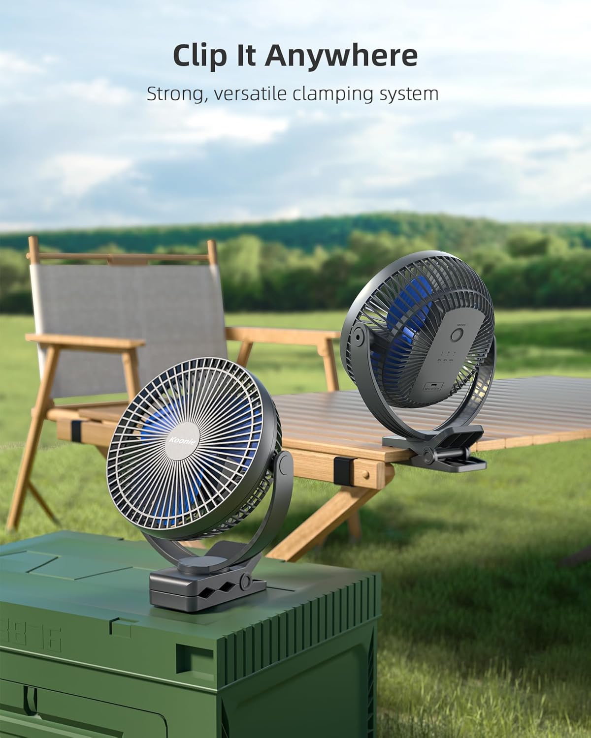 Koonie 8" Clip on Fan, 10000mAh Rechargeable Battery, Strong Airflow, Black