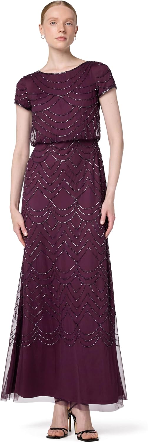 Adrianna Papell Womens Short Sleeve Blouson Beaded Gown