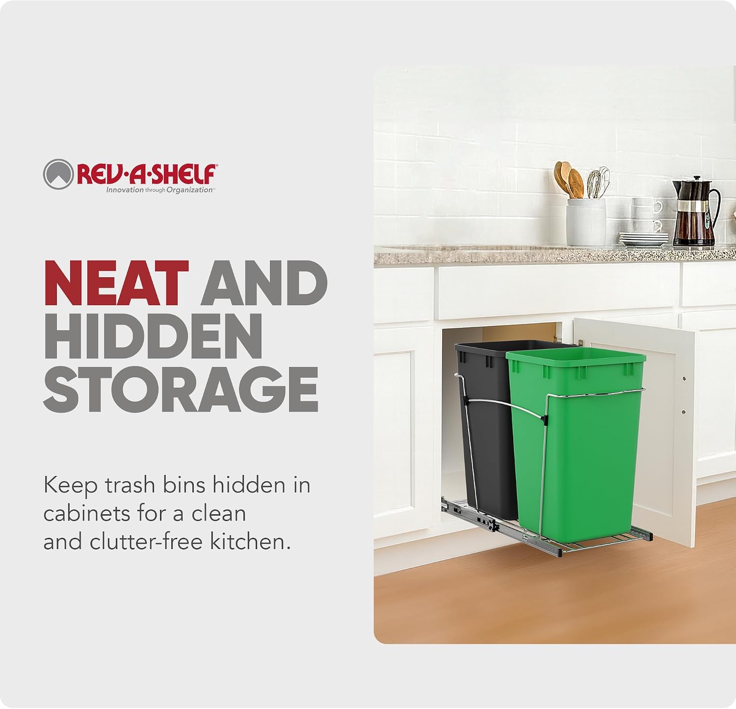 Rev-A-Shelf Double 27 Qt Pullout Trash Can for Base Kitchen Cabinets, Garbage Waste Bin System with Full Extension Slides, Min Opening Width of 11.5", Metallic Silver, RV-15KD-17C S