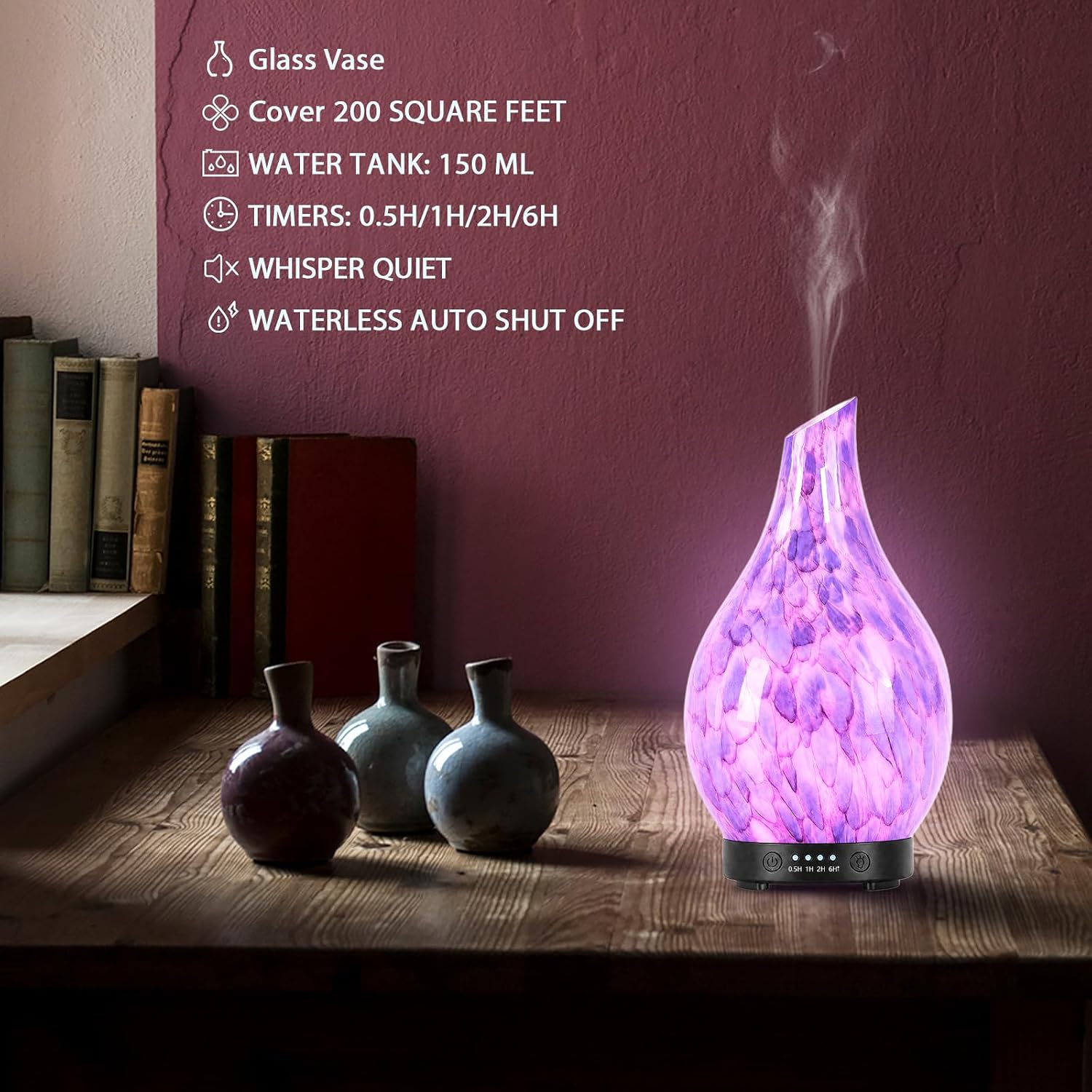 Aromatherapy Essential Oil Diffuser for Home- Art Glass Diffuser for Essential Oils with Waterless Auto Shut-Off 4 Timer 7 Colors LED Night Light