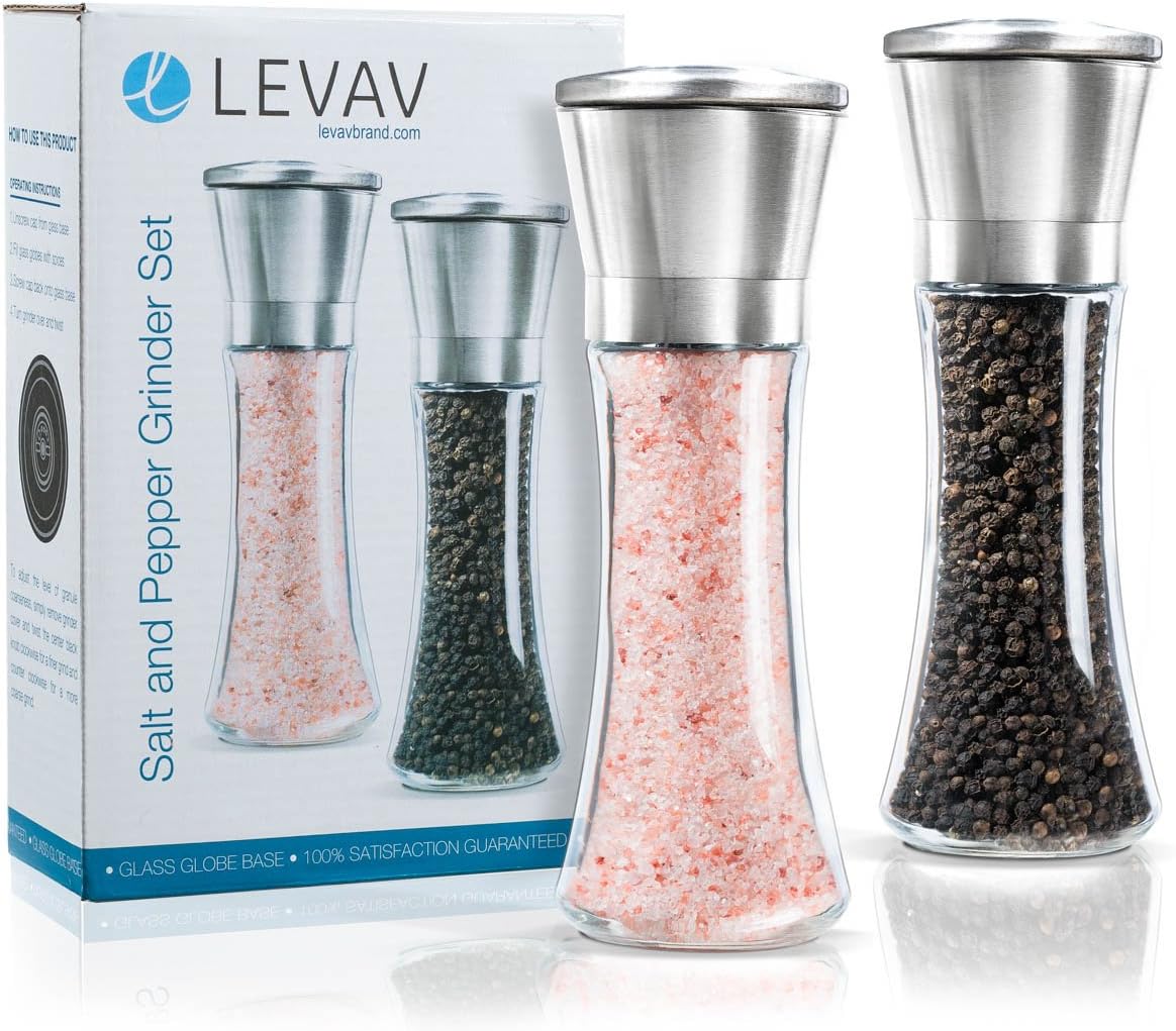 Levav Premium Salt and Pepper Grinder Set of 2- Brushed Stainless Steel Pepper Mill and Salt Mil, Glass Body