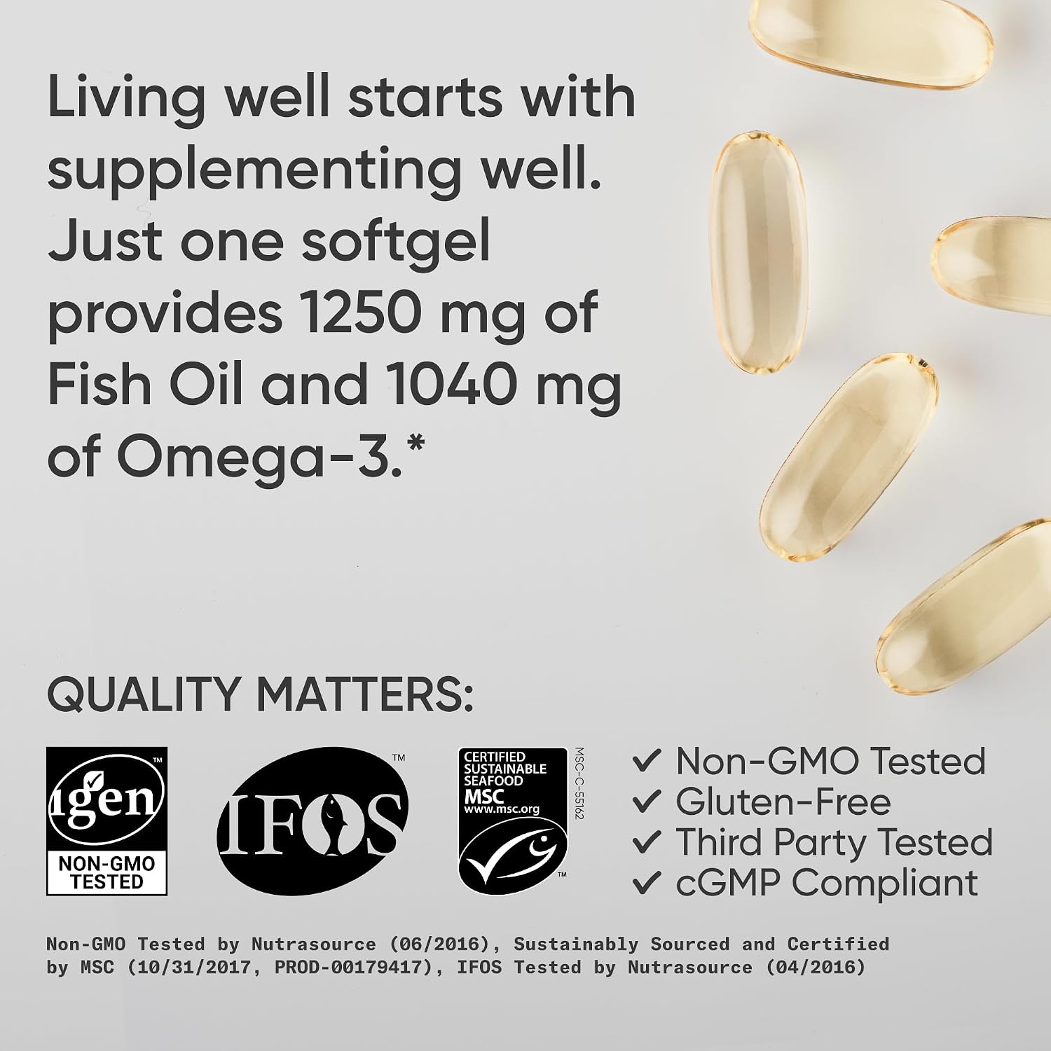 Sports Research® Omega-3 Fish Oil 1250mg from Wild Alaska Pollock,180 Count | Always Fresh Never Fishy | 690mg EPA 260mg DHA per Softgel · Heart & Brain Health* · MSC Certified Sustainable - 180 Servings