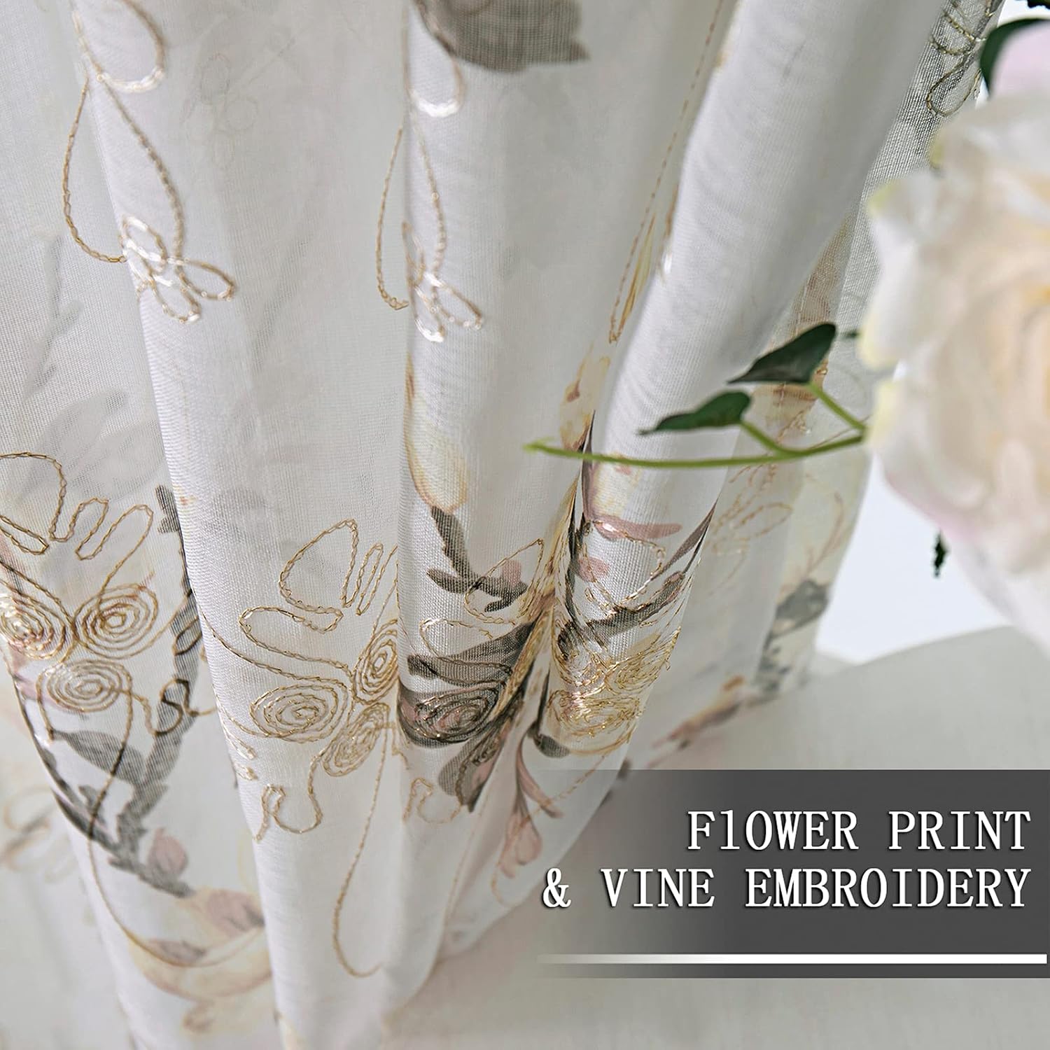 Tollpiz Floral Grey Sheer Curtain Flower Print Vine Embroidery Bedroom Curtains Rod Pocket Voile Window Curtain for Living Room, 54 x 84 inches Long