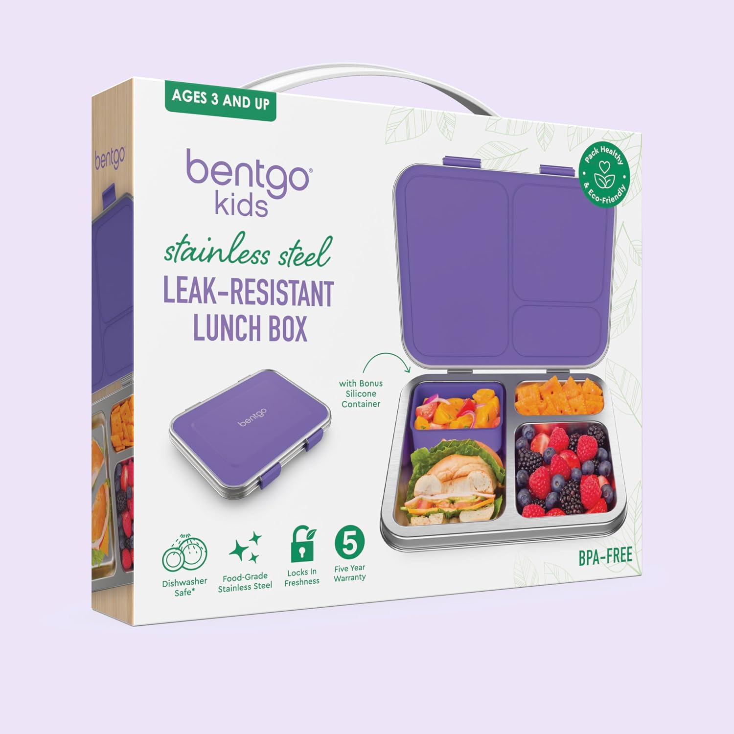 Bentgo Kids Stainless Steel Leak-Resistant Lunch Box, 3 Compartments