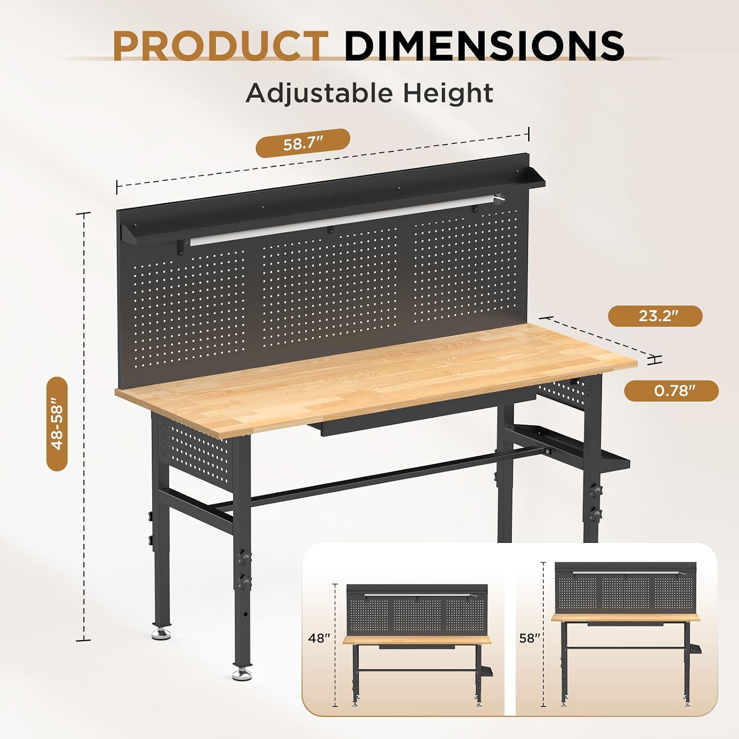 60 Inch Heavy Duty Workbench with Storage Cabinet, Wooden Top, 2000 lbs Capacity, Garage Work Table with Pegboard, Power Outlet, Leveling Feet, Black