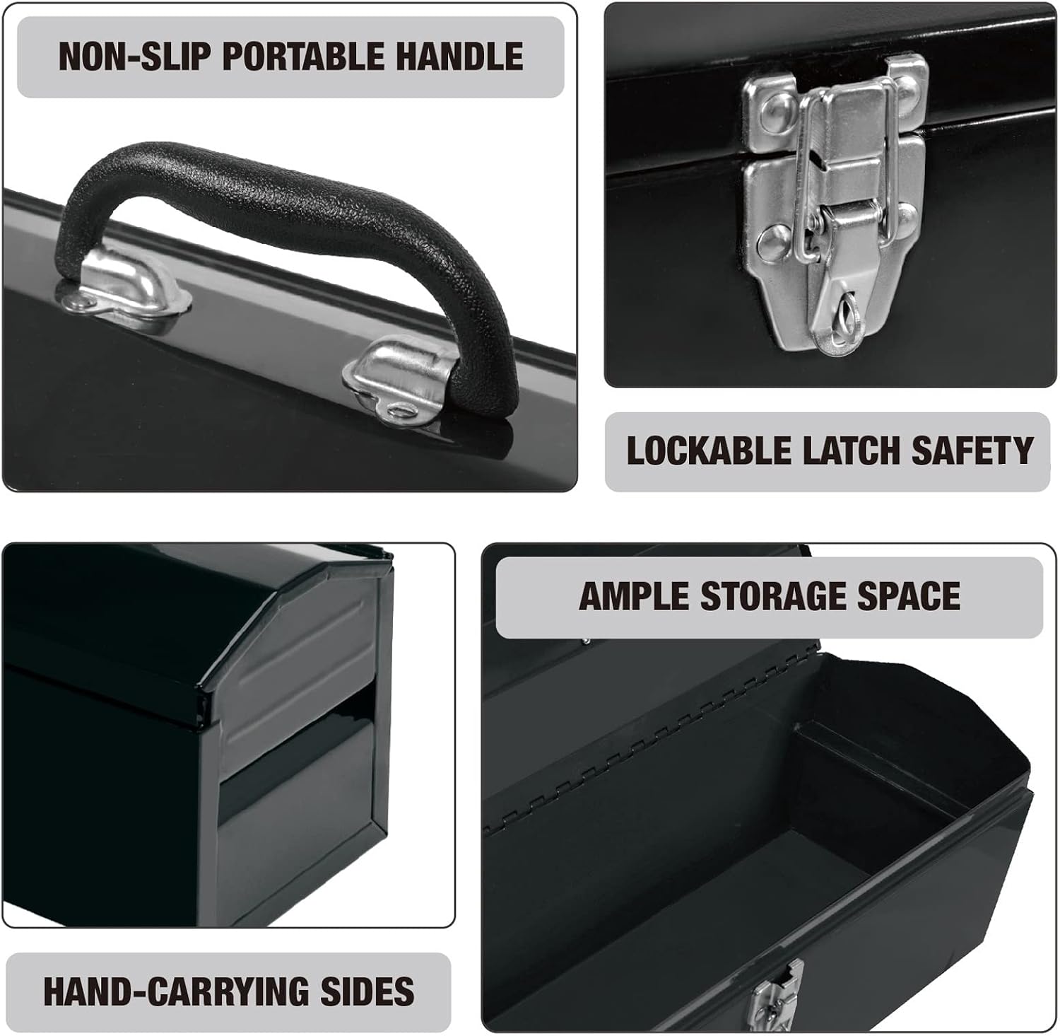 Torin ATB102B 16" Hip Roof Style Portable Steel Tool Box with Metal Latch Closure, Black