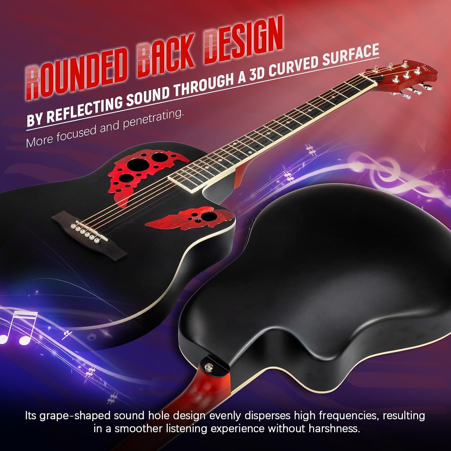 GLARRY 41in Acoustic Electric Guitar, Unique Round-back Design, 6 String Cutaway Guitar Beginner Kit with 15W Amp, EQ, Bag, Strap, Picks, Strings (Black With AMP, Full-Right Handed)