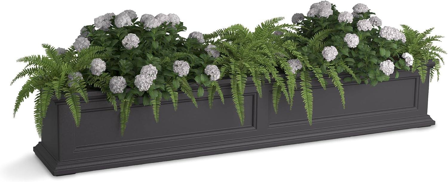 Mayne Fairfield 48in Self-Watering Rectangular Window Box Planter, Black | Self-watering, All season, Fade resistant, Mounting brackets included, Built-in overflow, 15-year warranty