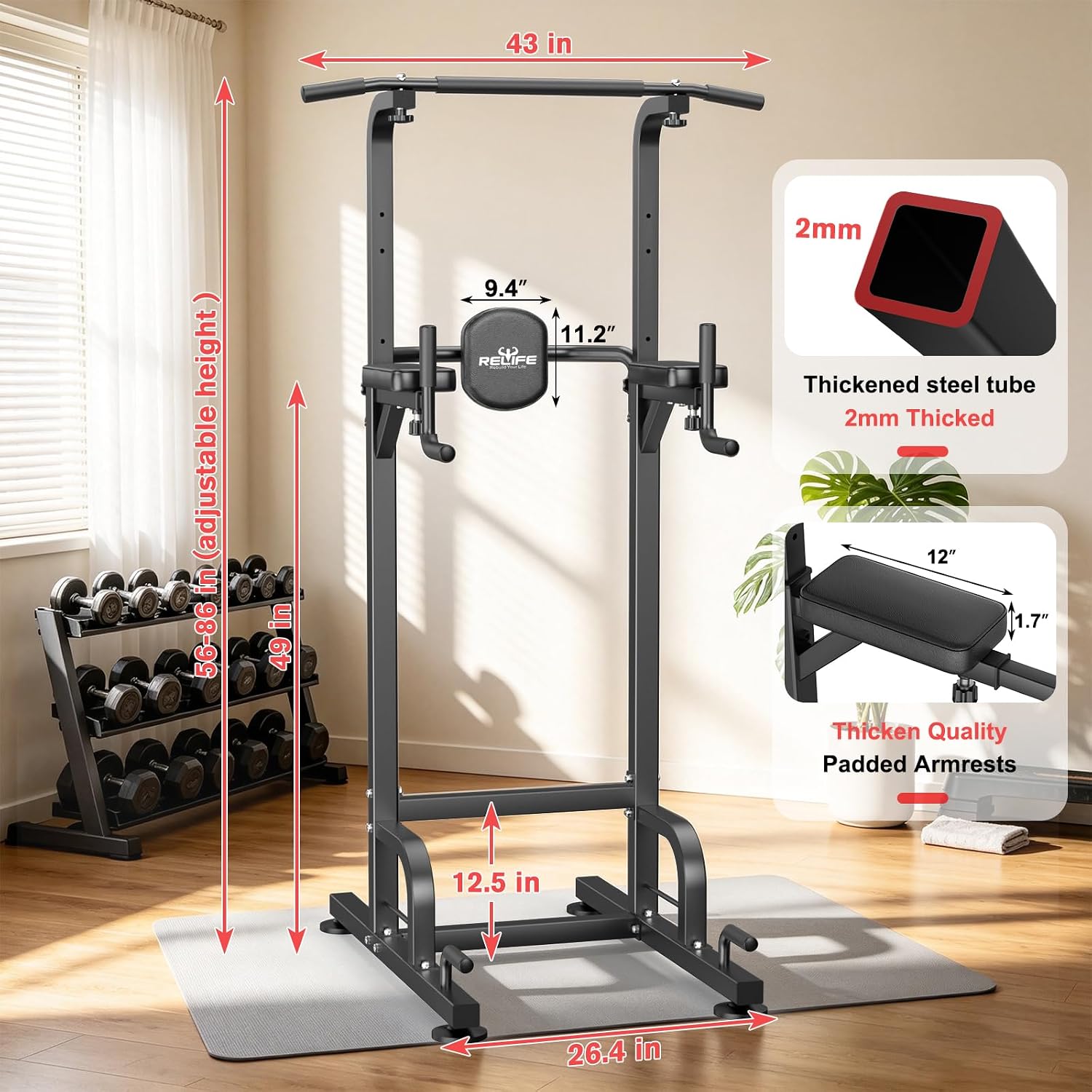RELIFE REBUILD YOUR LIFE Pull Up Bar Free Standing Power Tower for Home Gym | Dip Station Pull Up Station, Multi-Function Home Fitness Equipment for Pull-Ups, Dips, Push-Ups, Full Body Strength Training