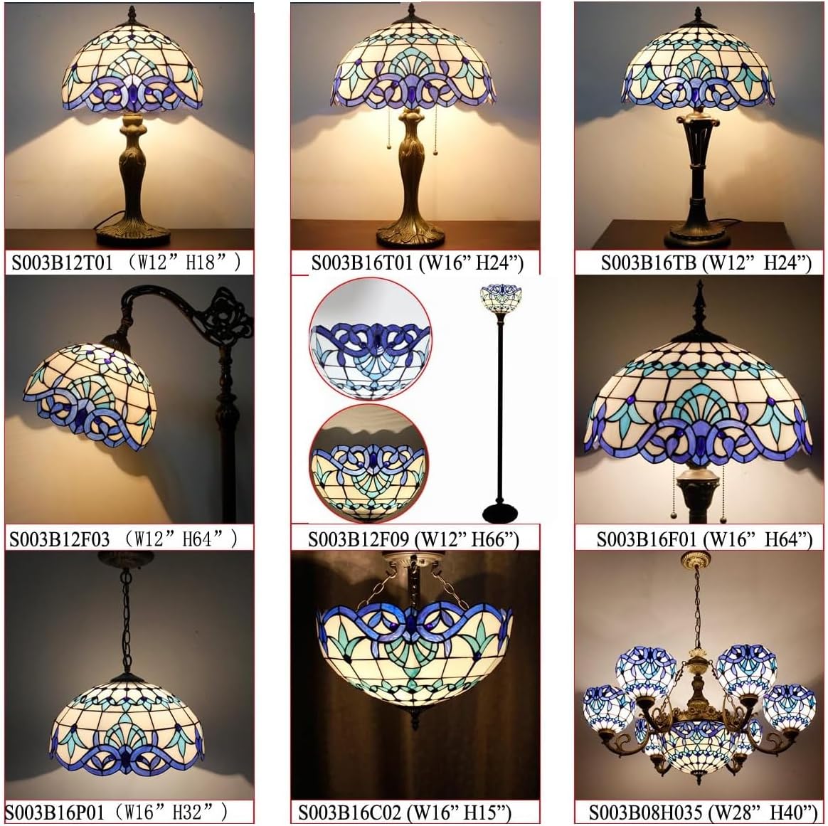 WERFACTORY Tiffany Floor Lamp Navy Baroque Stained Glass Torchiere Light | 12X12X71 Inches Pole Blue Standing Corner Torch Uplight Decor Bedroom