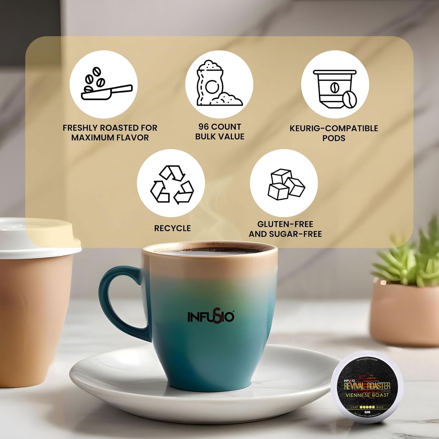 InfuSio Coffee Pods Variety Pack – 96 Count, 12 Blends of Crafted Origins and Indulgent Flavors Including Bourbon Pecan, Butter Toffee & Hazelnut, Medium & Dark Roast, No Sweeteners, Low Acid, Keurig Compatible