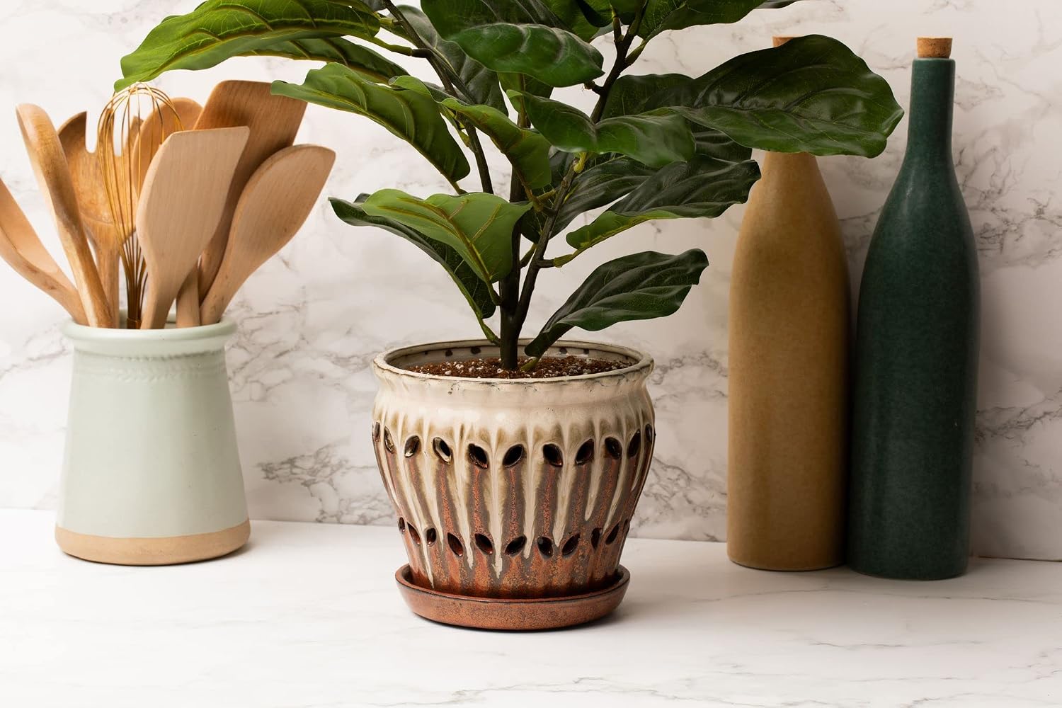 rePotme 6" Pinwheel Fluted Ceramic Plant Pot (Cream Over Lavender) - Includes Free 6 inch Slotted Pot Liner - Great for Orchids, Succulents