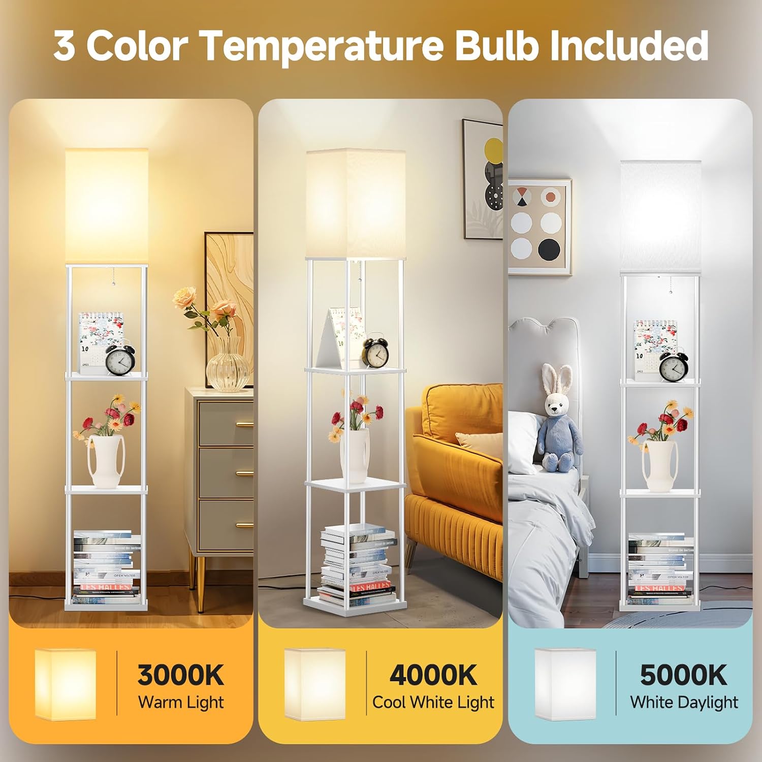 SHINE HAI Floor Lamp with Shelves, 3-Tier Square Modern Shelf Lamp