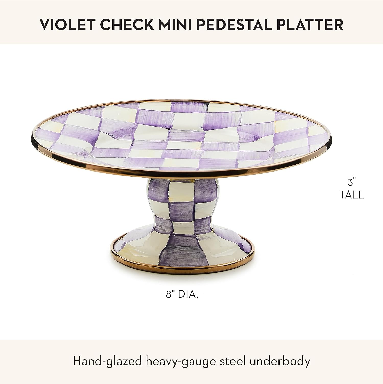 MACKENZIE-CHILDS Pedestal Platter, Mini, Black-and-White Courtly Check | Hand-painted design, made from enameled steel, stackable round cake stand for serving desserts, 8" dia. x 3" H