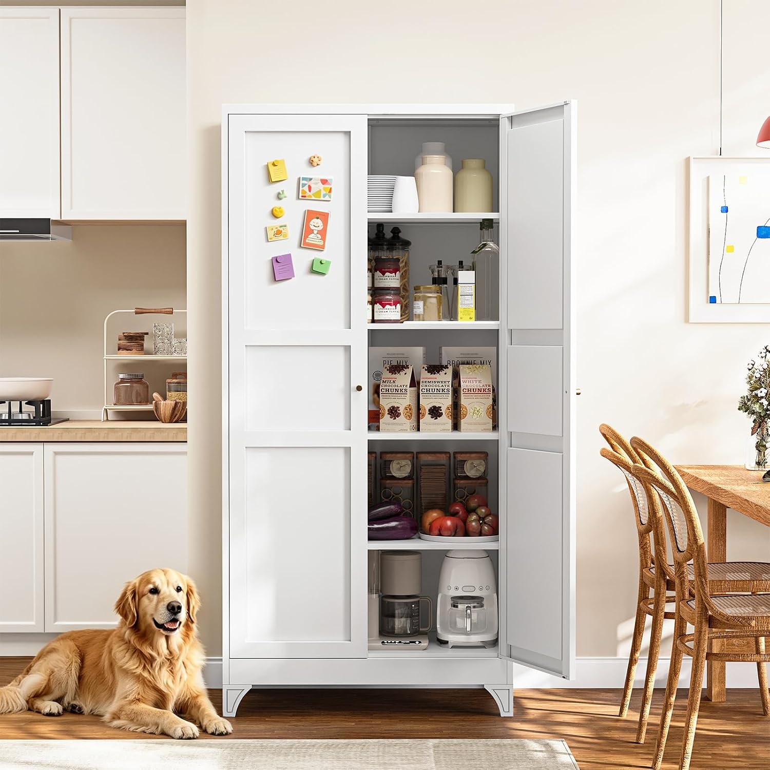 Metal Storage Cabinet with 2 Doors and 4 Adjustable Shelves - 61" White Kitchen Pantry Storage 5-Tier Tall Steel Cabinets Locker for Kitchen, Living Room, Dining Room
